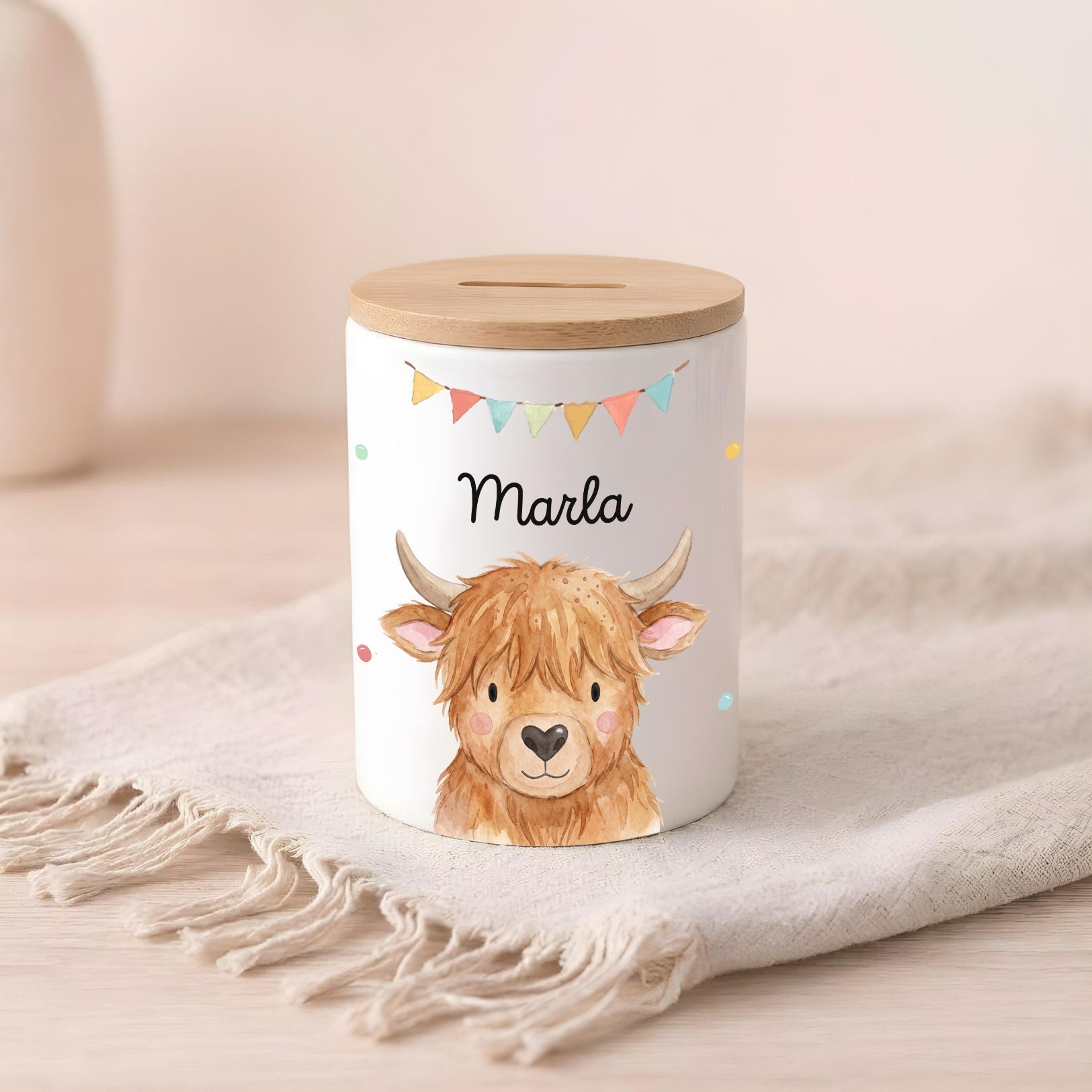 3 in 1 Spardose Keramik personalisiert - Tier Girlande Aquarell - wunderwunsch