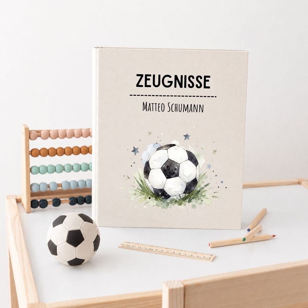 Zeugnismappe Stoff personalisiert - Fußball Aquarell