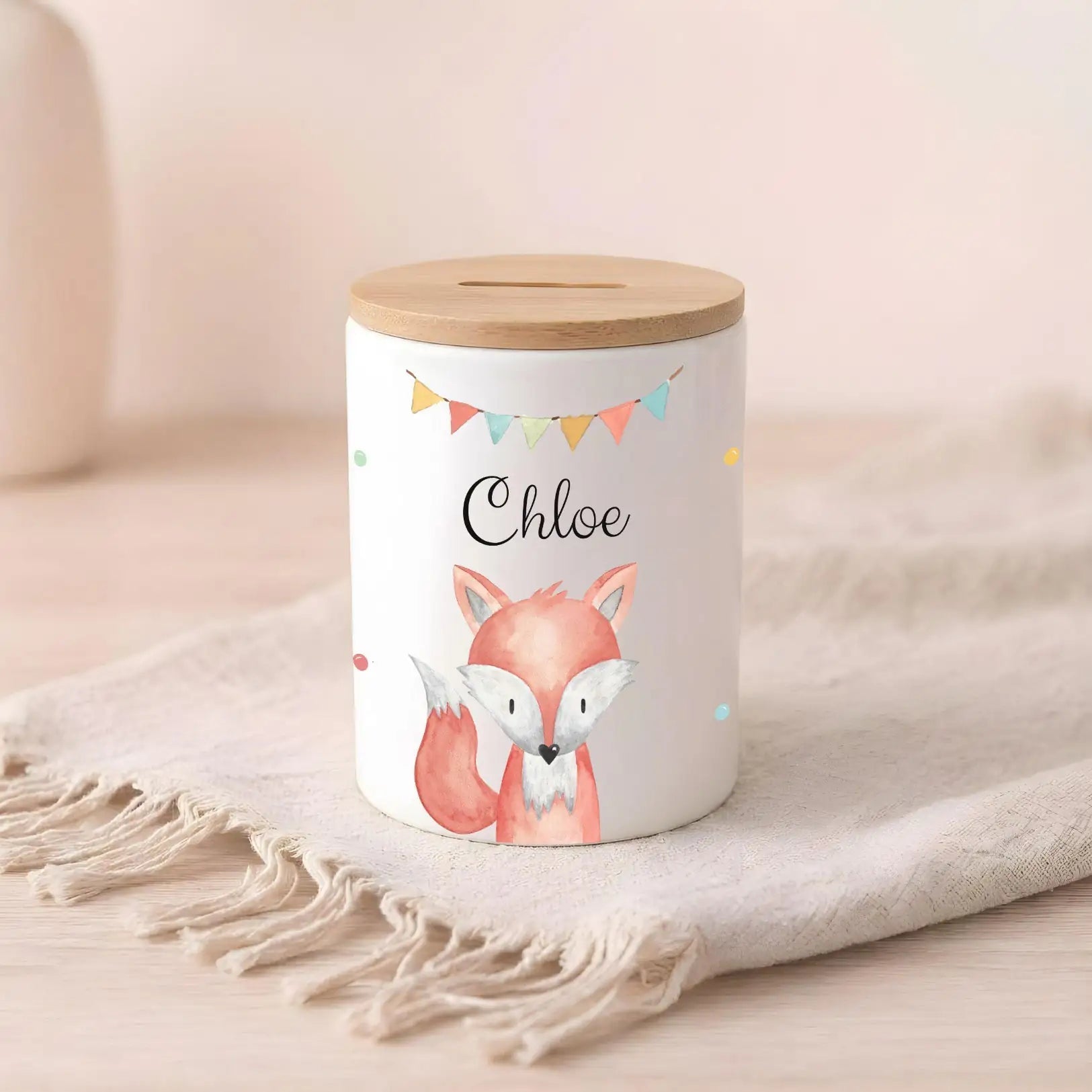 3in 1 Spardose Keramik personalisiert - Tier Girlande Aquarell - wunderwunsch
