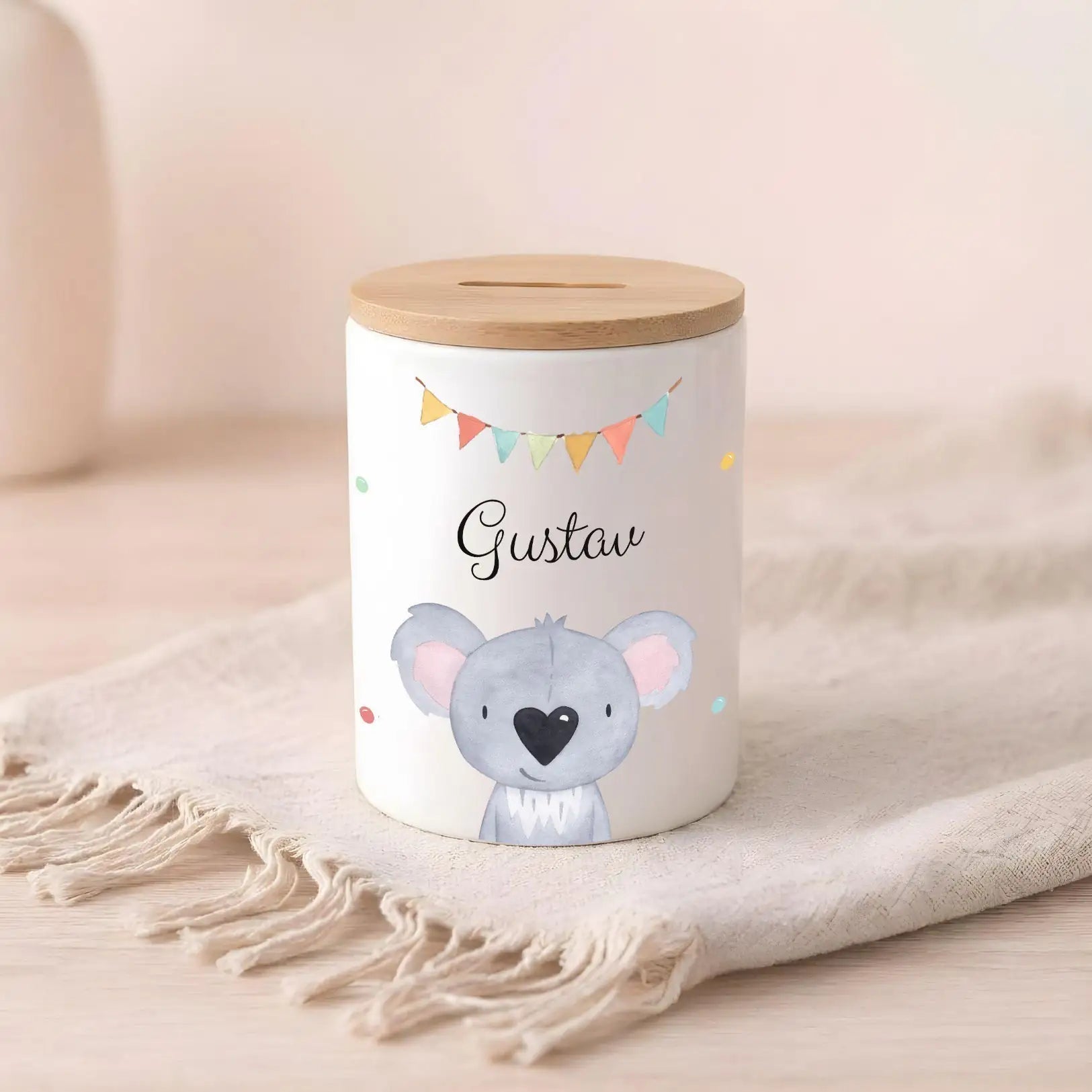 3in 1 Spardose Keramik personalisiert - Tier Girlande Aquarell - wunderwunsch