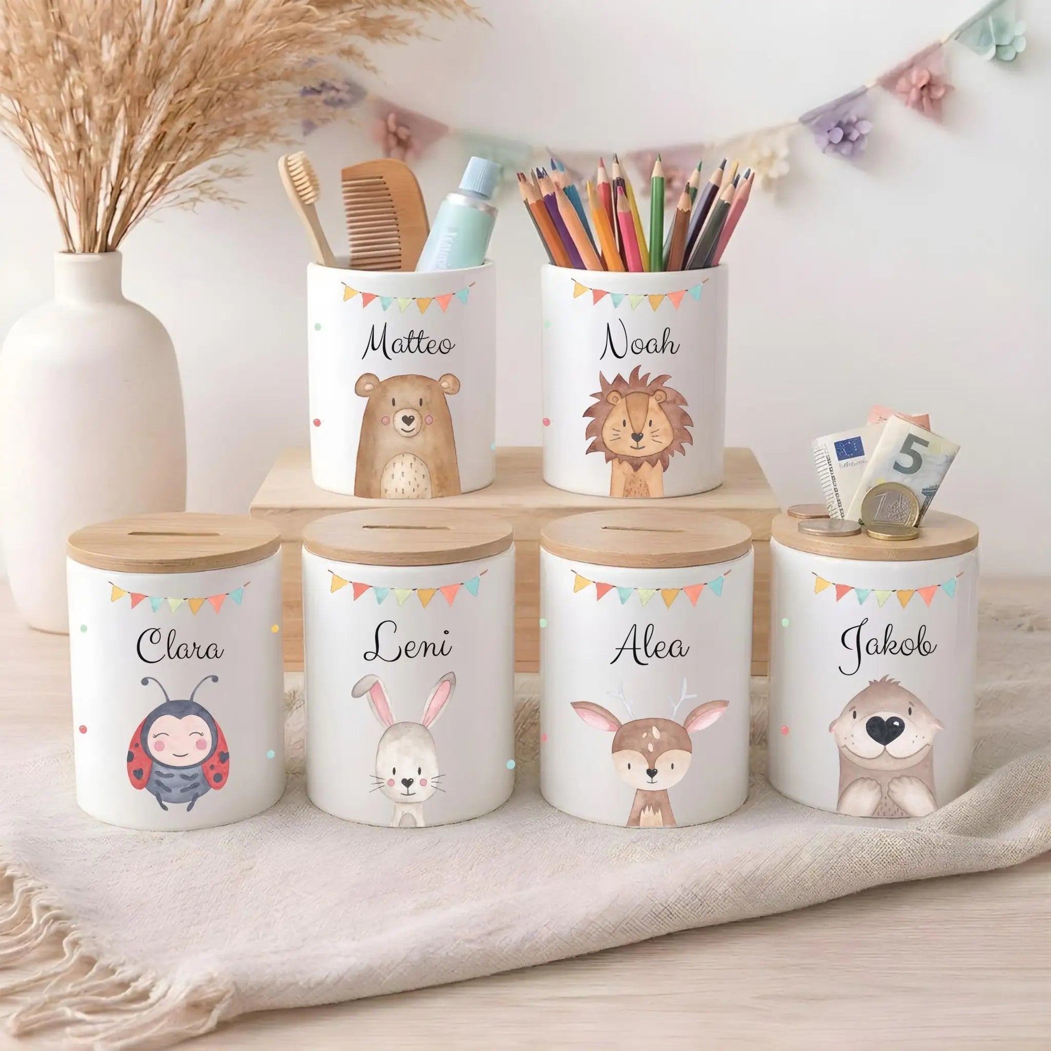 3in 1 Spardose Keramik personalisiert - Tier Girlande Aquarell - wunderwunsch