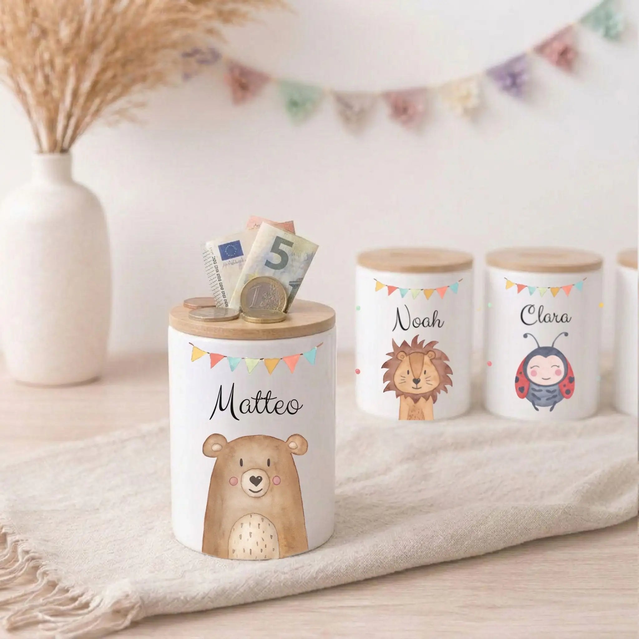 3in 1 Spardose Keramik personalisiert - Tier Girlande Aquarell - wunderwunsch