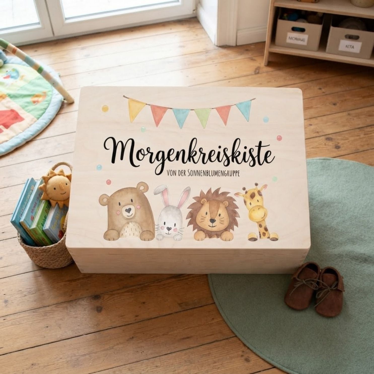 Morgenkreiskiste mit Wunschname – Tiere Aquarell