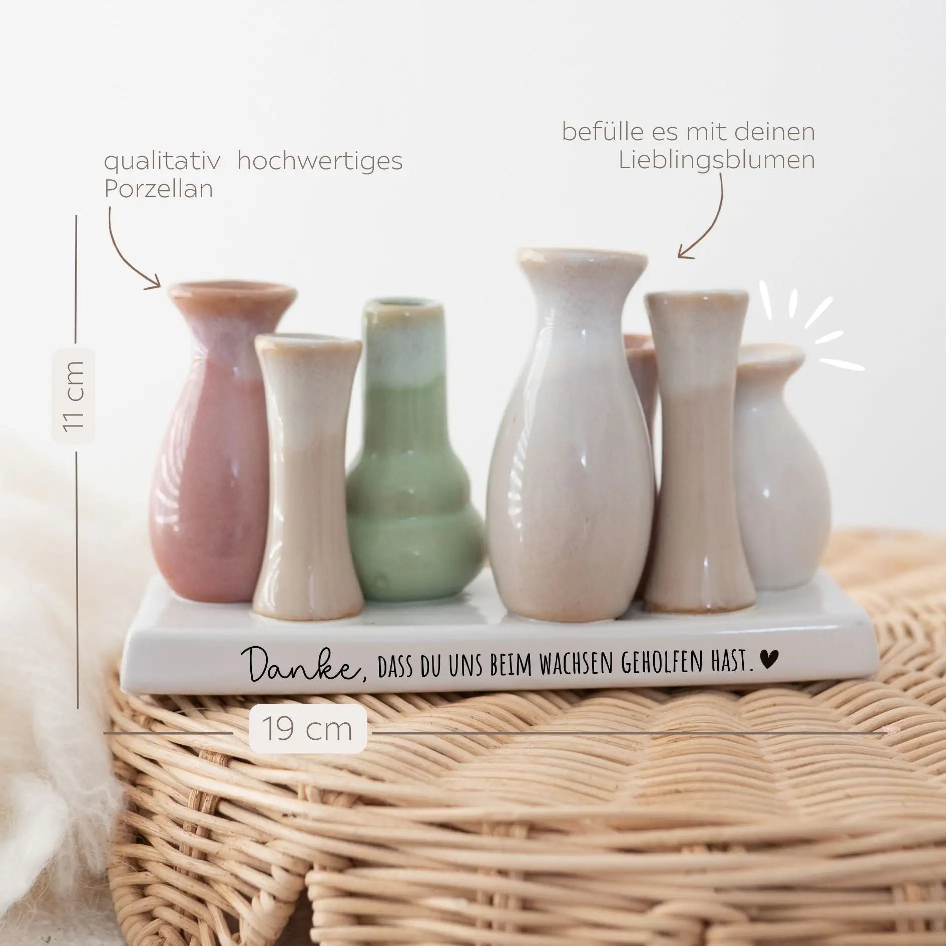 7 Väschen auf Tablett - Danke, dass du beim wachsen geholfen hast - wunderwunsch