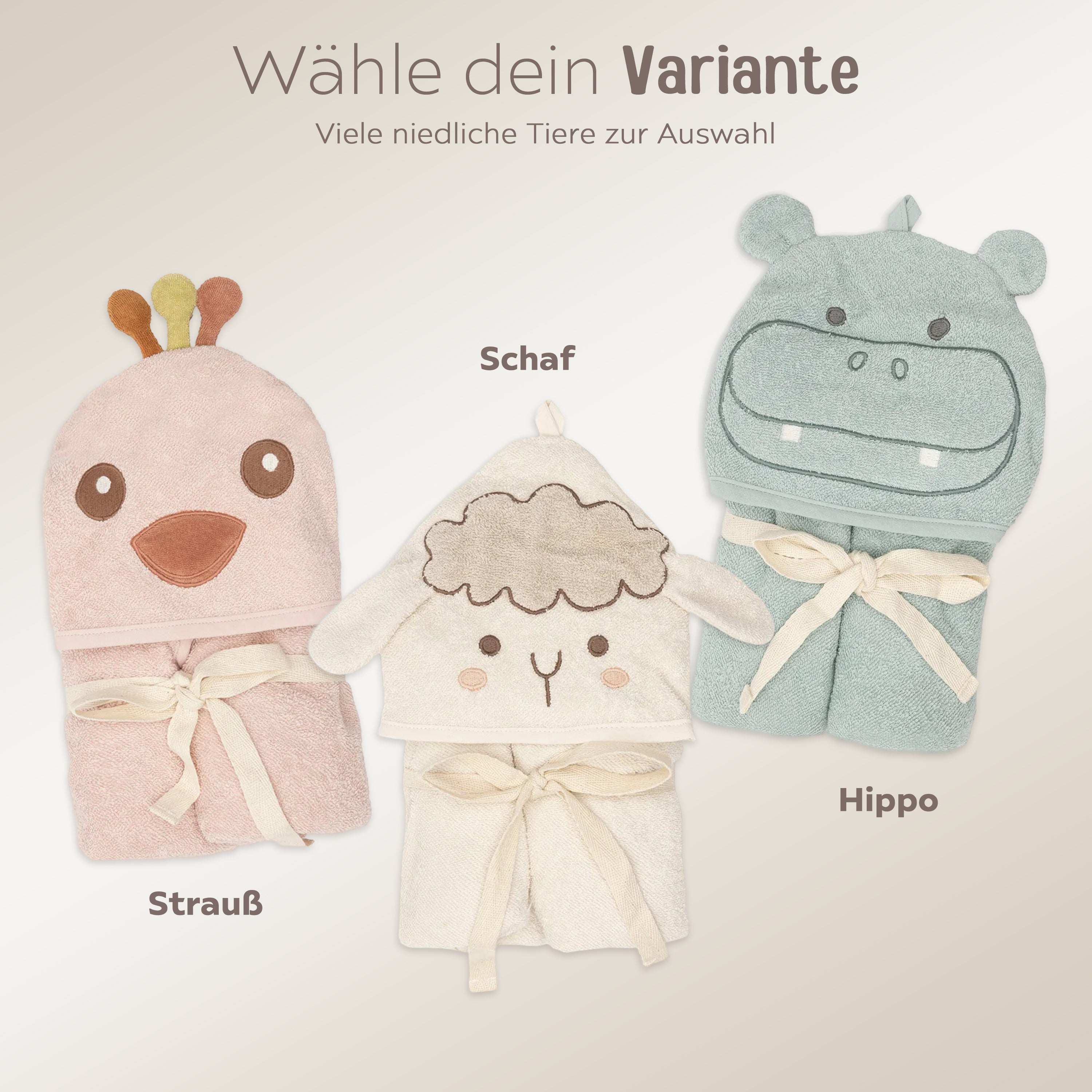 JOLLEIN Baby Kapuzenhandtuch Frottee personalisiert - Hippo, Schaf, Strauß