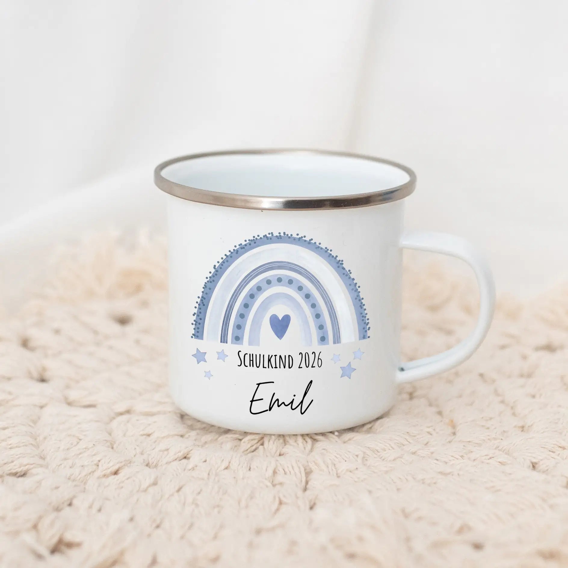 Emaille Kindertasse personalisiert - "Schulkind 2026" Regenbogen Punkte Aquarell Tasse - wunderwunsch