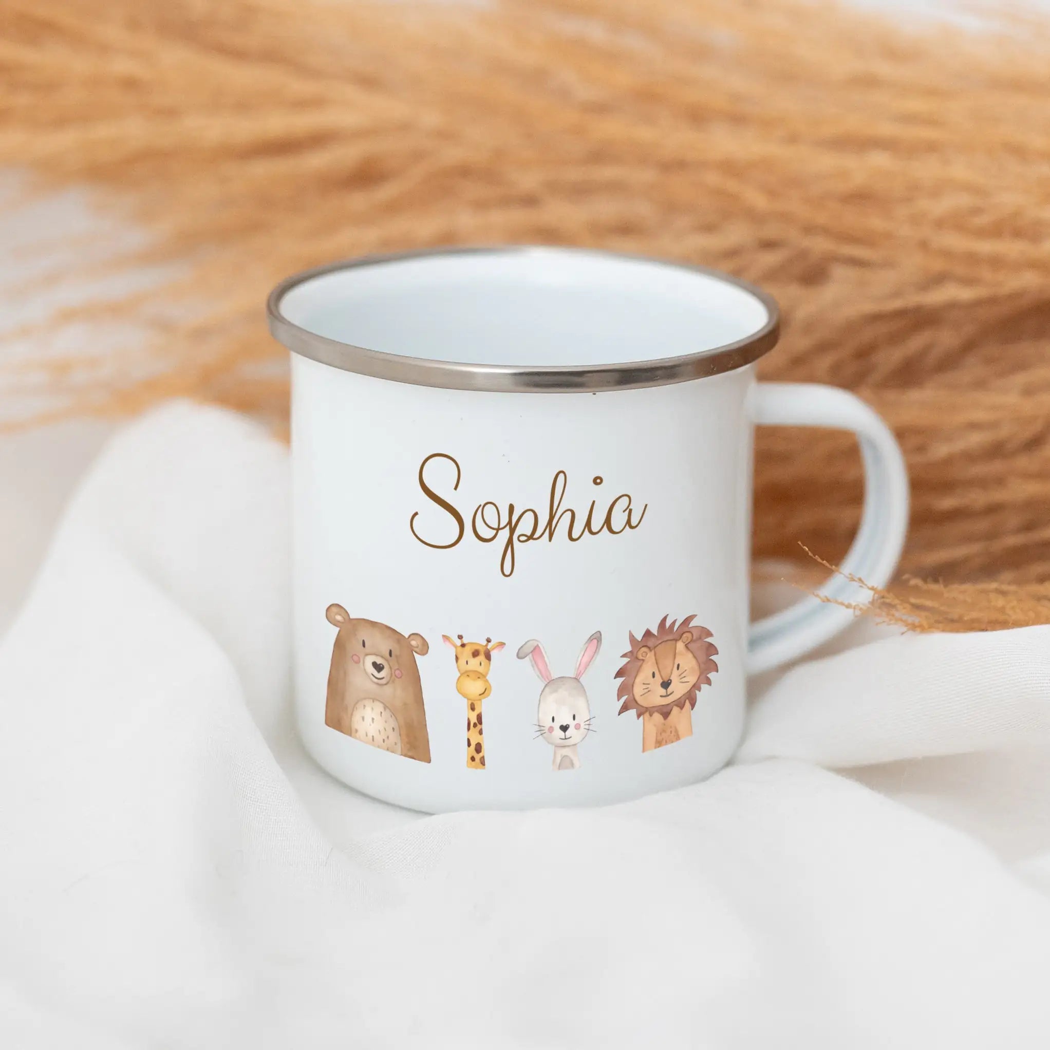 Emaille Kindertasse personalisiert - Tiere oder Dinos unten Aquarell Tasse - wunderwunsch