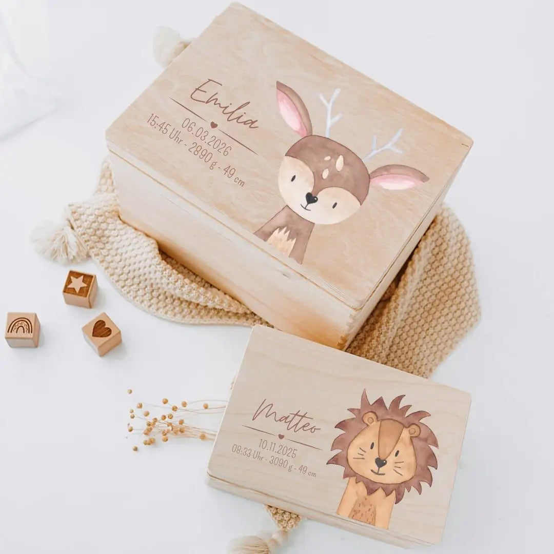 Erinnerungsbox Holz mit Wunschdaten – Tier Aquarell Erinnerungskiste - wunderwunsch