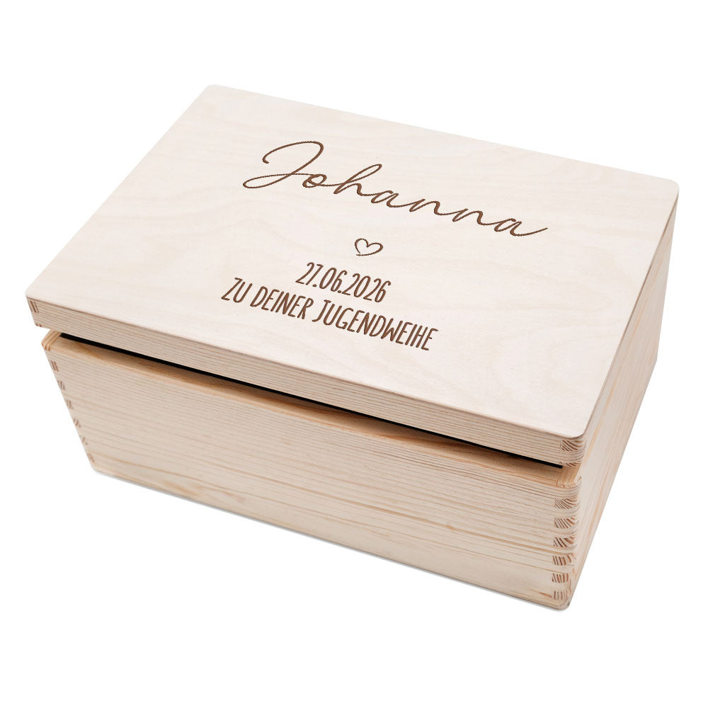 Erinnerungsbox Holz "Zu deiner Jugendweihe" mit Wunschdaten - Herz Gravur