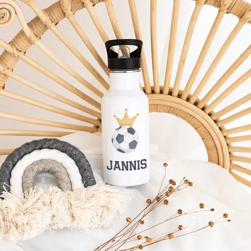 Kinder Trinkflasche weiß mit Trinkhalm personalisiert - Fußball Trikot Aquarell Trinkflaschen - wunderwunsch