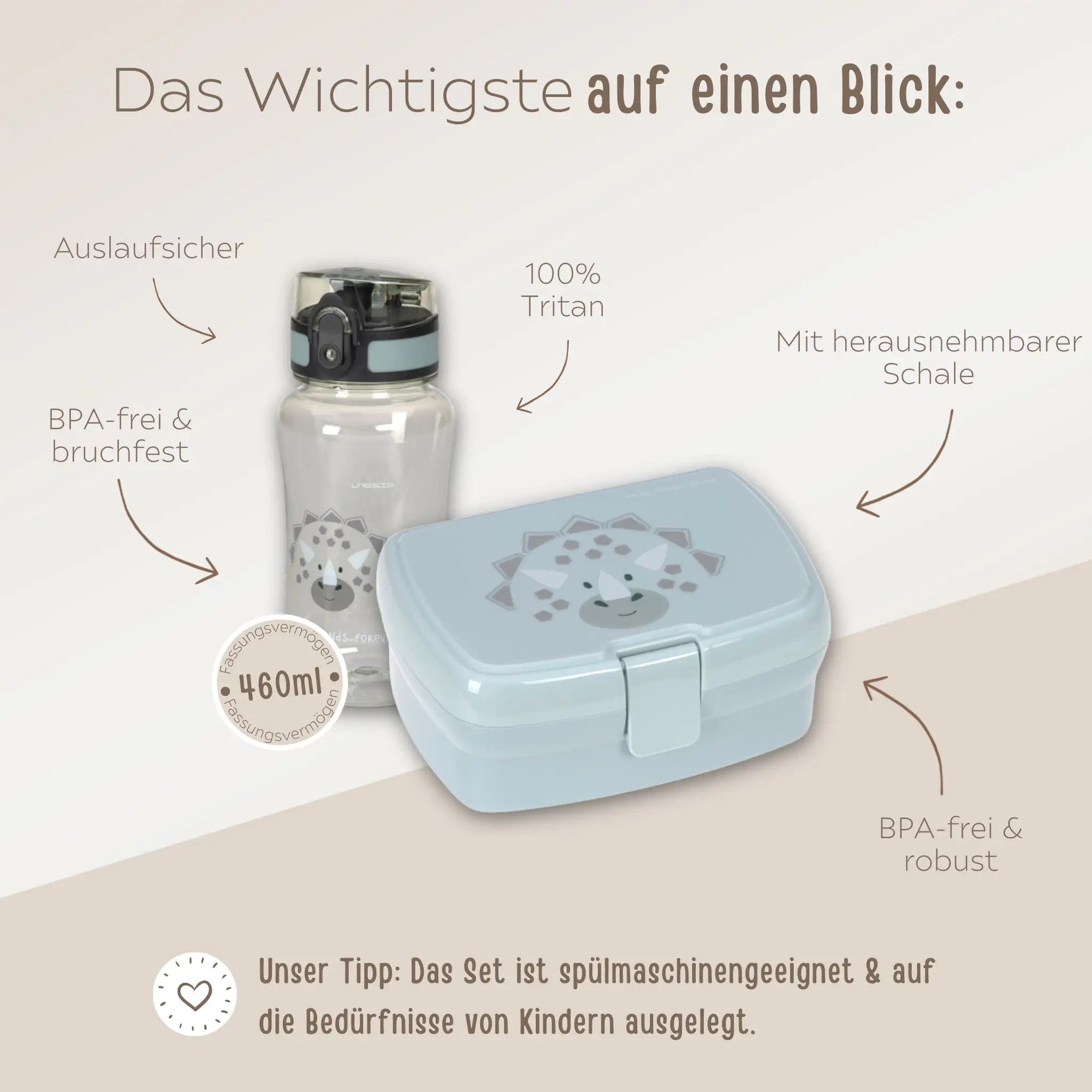 LÄSSIG Set Trinkflasche & Lunchbox - Dino Brotdose - wunderwunsch