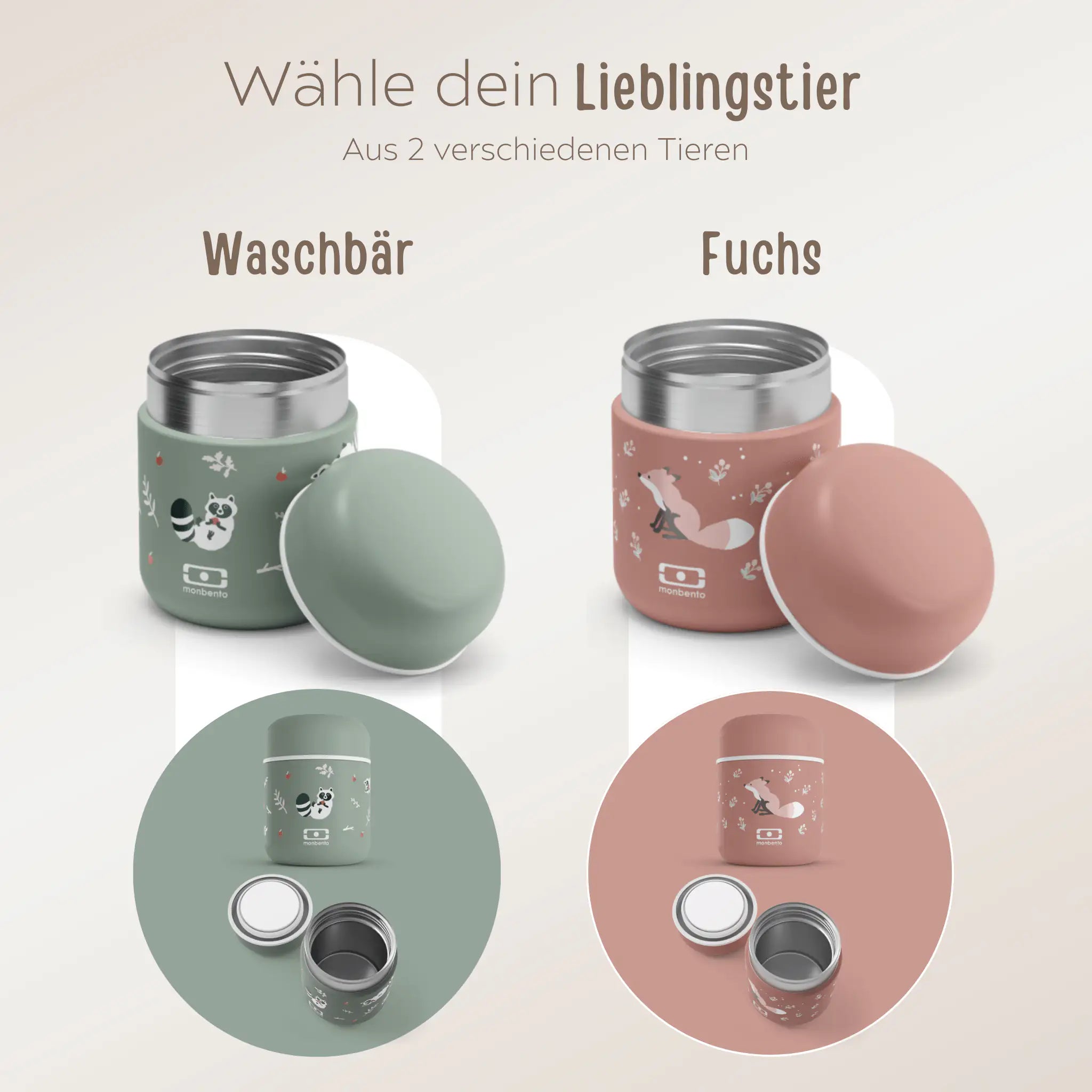 MONBENTO Thermobecher personalisiert - Fuchs und Waschbär Brotdose - wunderwunsch