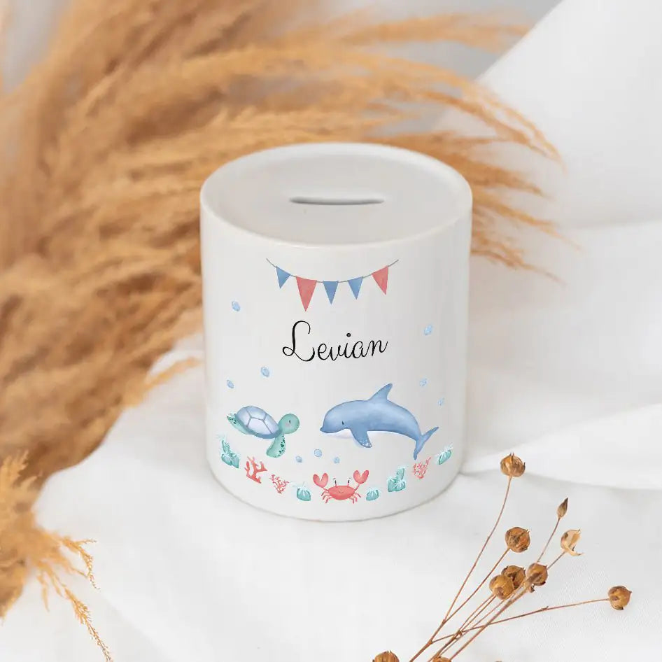 Spardose Keramik personalisiert - Meerestier Girlande Aquarell Spardosen - wunderwunsch