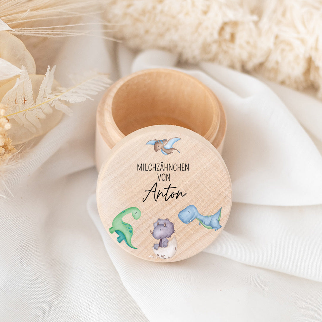Milchzahndose Holz personalisiert - Tiere und Dinos Aquarell