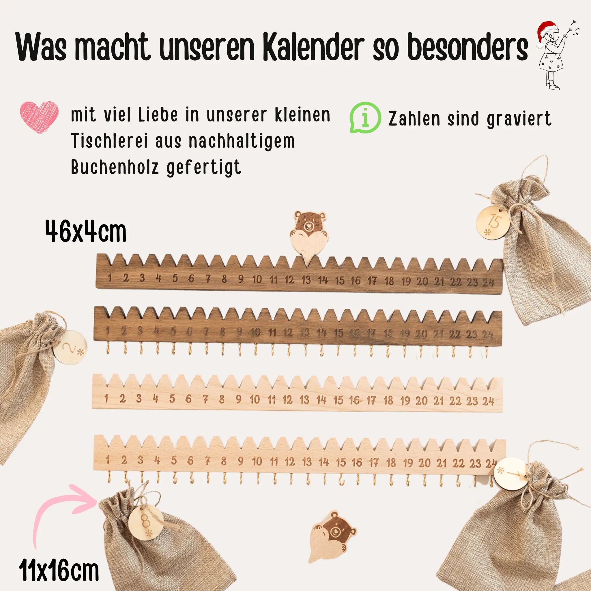 Adventskalender Holz - "Holzleiste mit Weihnachtsbär" - wunderwunsch
