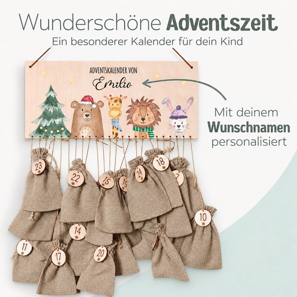 Adventskalender personalisiert - Weihnachtsbaum Tiere Aquarell - wunderwunsch