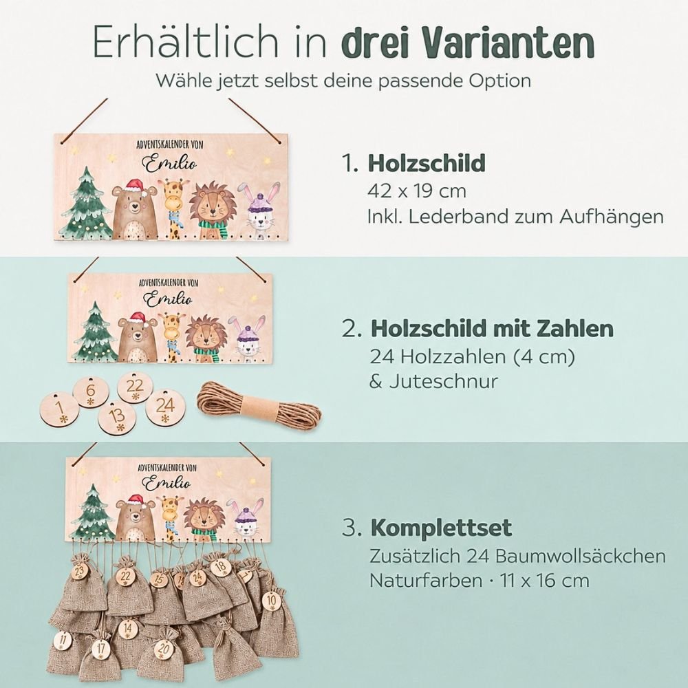 Adventskalender personalisiert - Weihnachtsbaum Tiere Aquarell - wunderwunsch