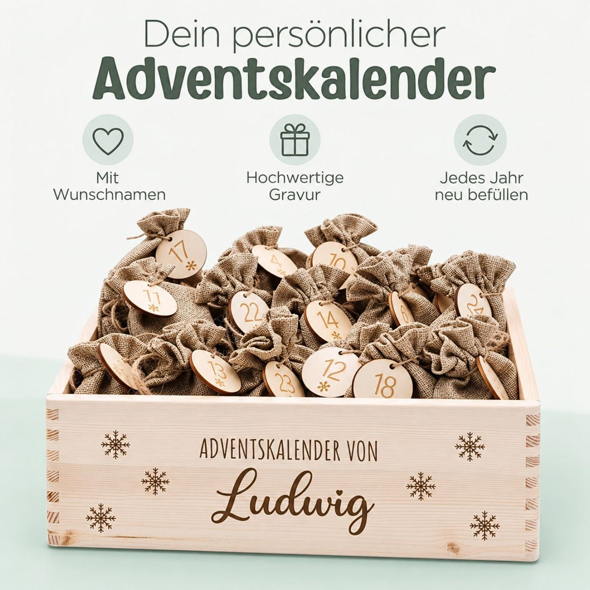 Adventskiste personalisiert - Schneeflocken Gravur - wunderwunsch