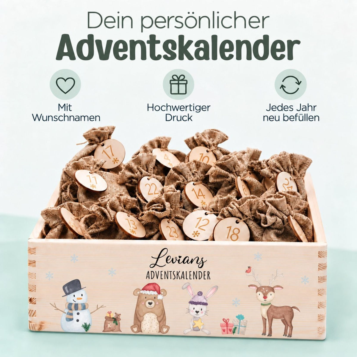 Adventskiste personalisiert - Schneemann Tiere Aquarell - wunderwunsch