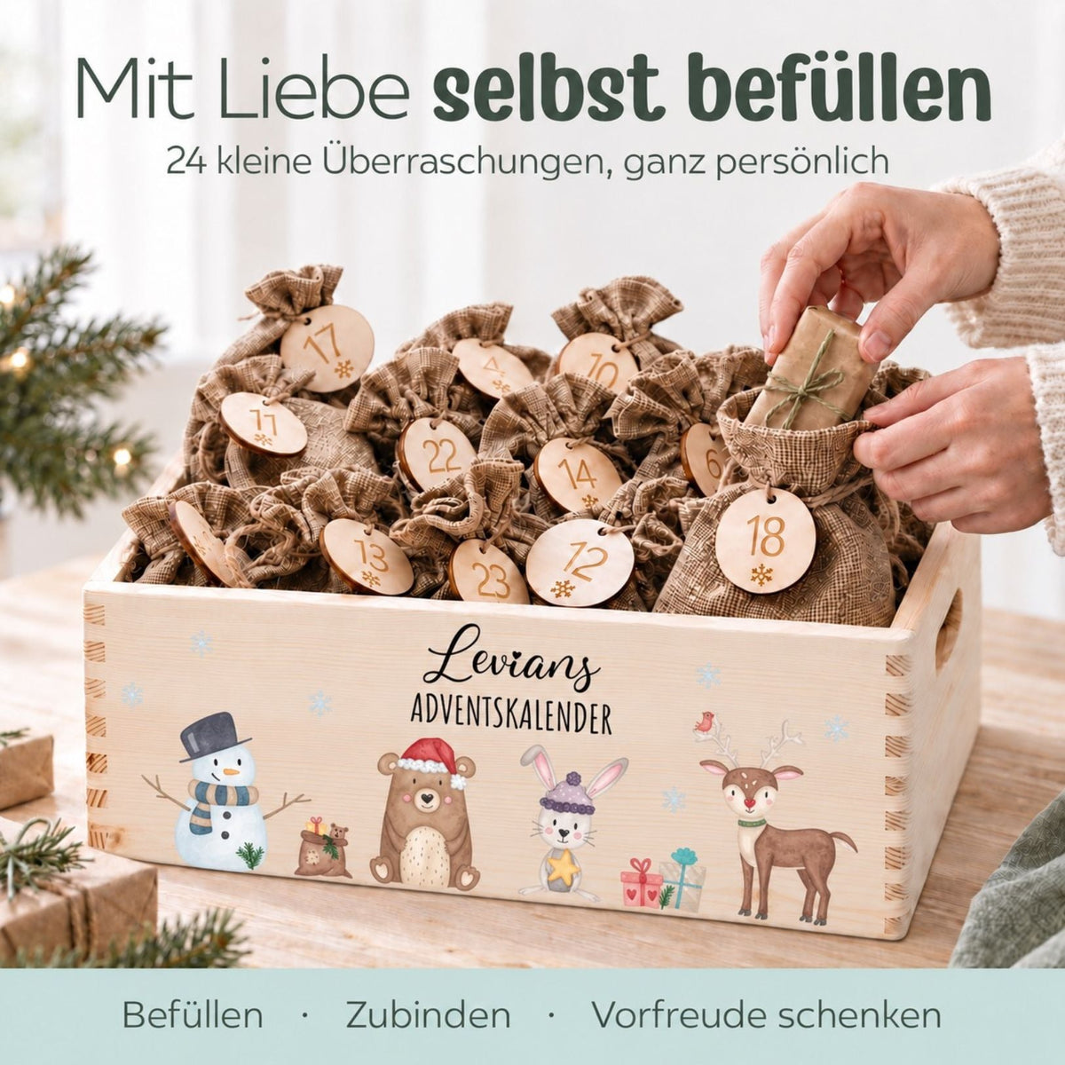 Adventskiste personalisiert - Schneemann Tiere Aquarell - wunderwunsch