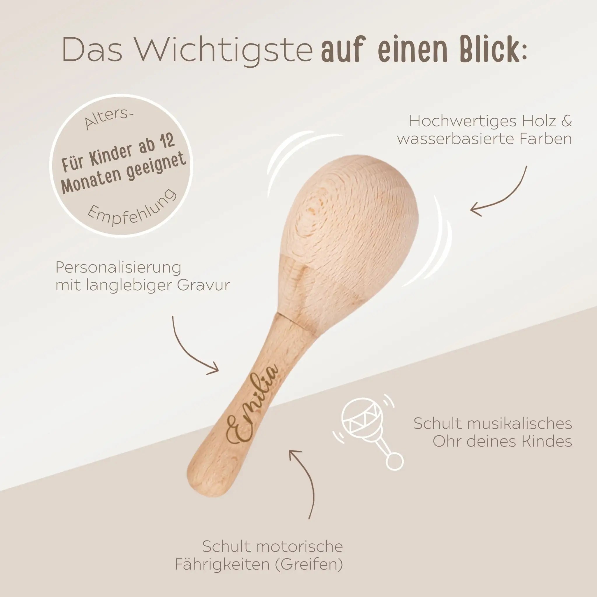 Baby Maracas Stabrassel aus Holz personalisierbar - wunderwunsch