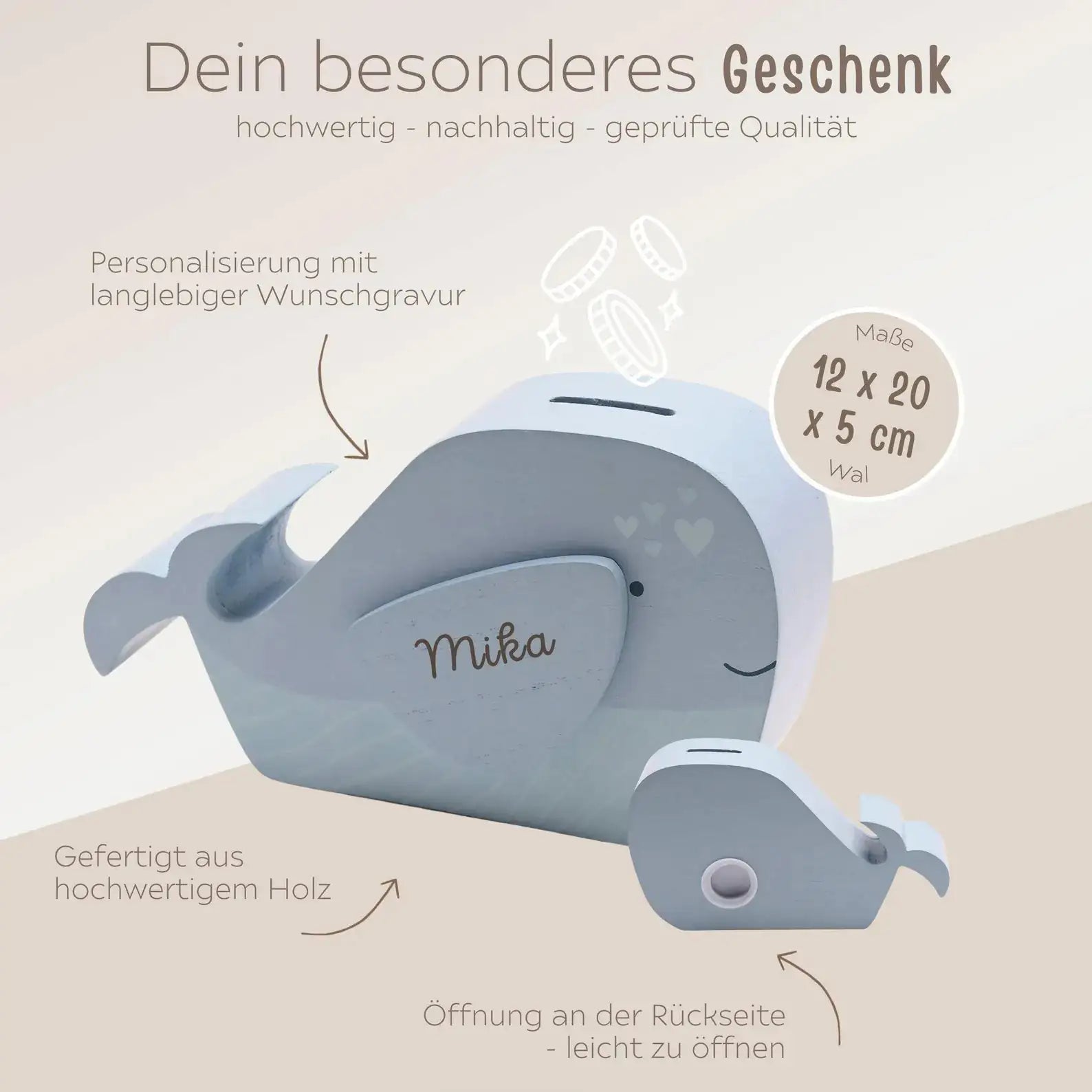 BAMBINO Spardose Holz Wal personalisierbar - wunderwunsch