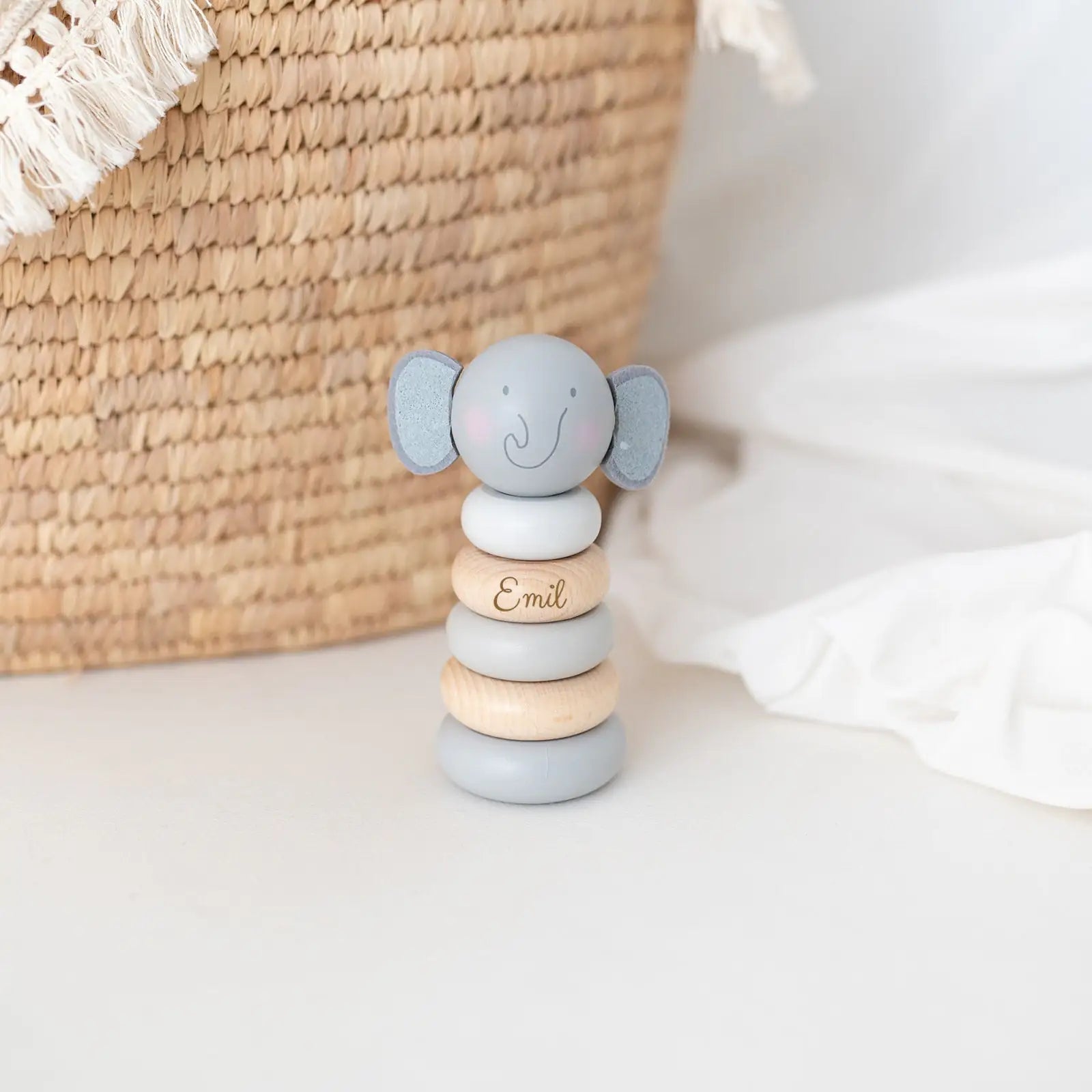 BAMBINO Stapelturm Tier Holz Pastellblau personalisierbar - wunderwunsch