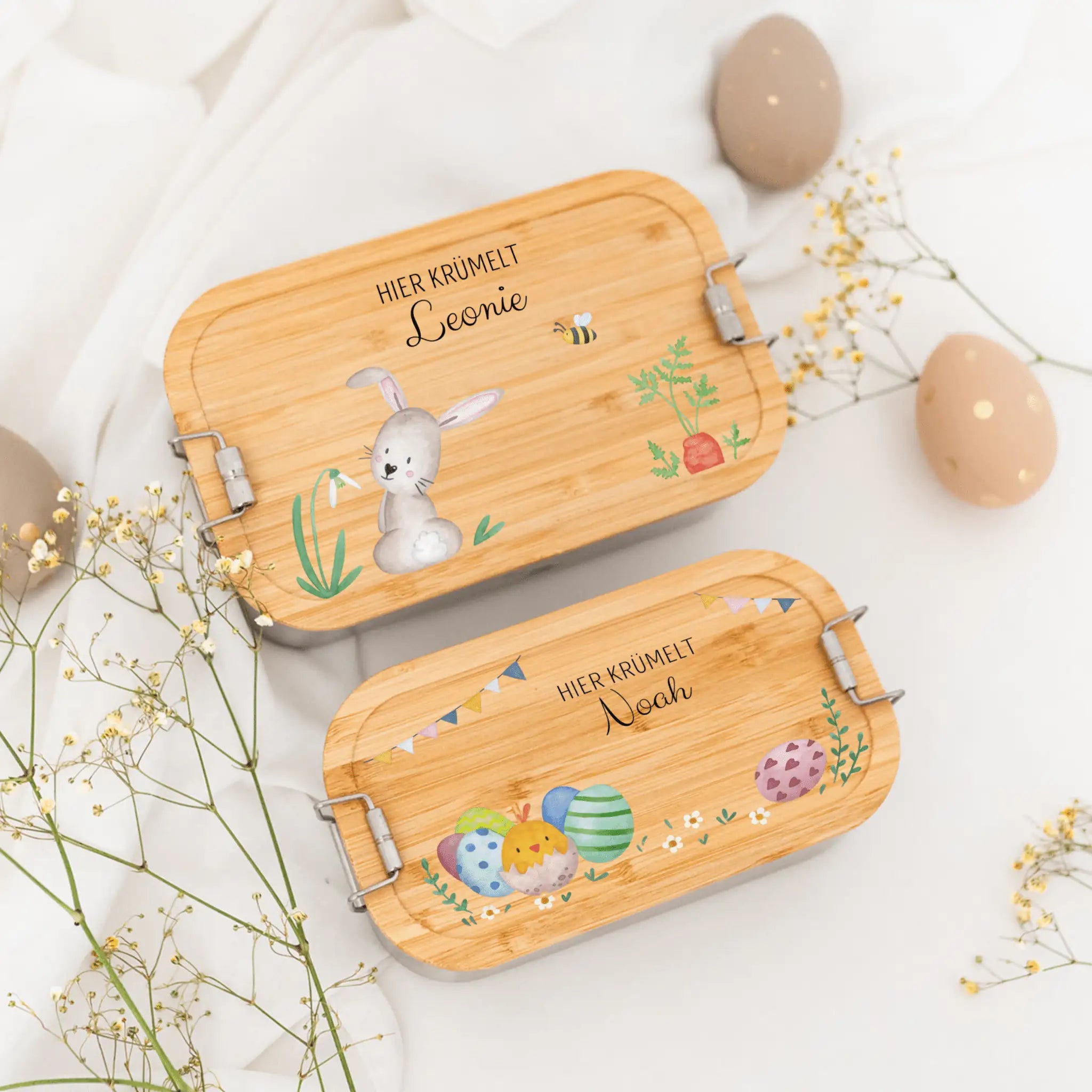 Brotdose Edelstahl personalisiert - Osterhase und Eiersuche Aquarell - wunderwunsch
