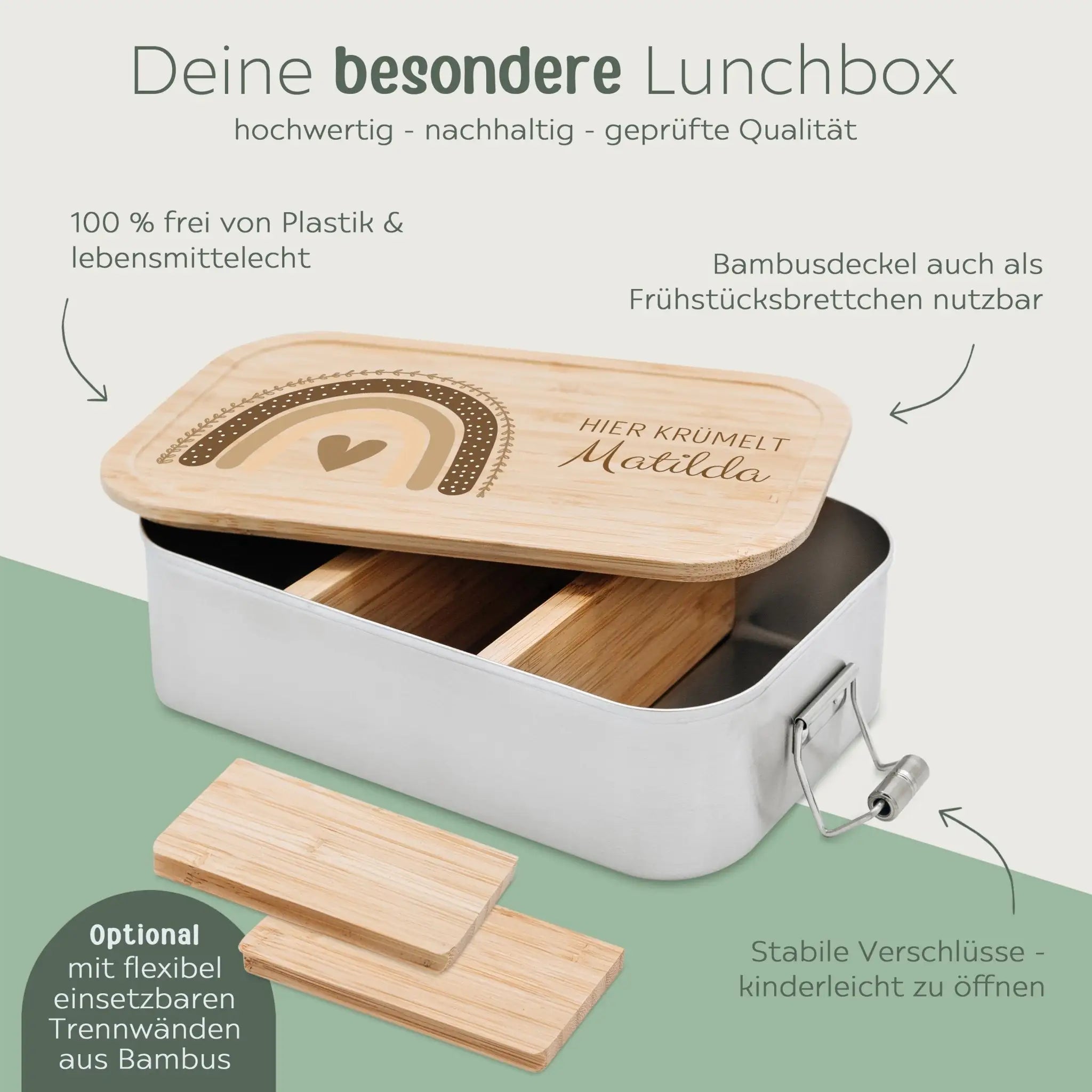 Brotdose Edelstahl personalisiert - Regenbogen Boho beige Aquarell - wunderwunsch