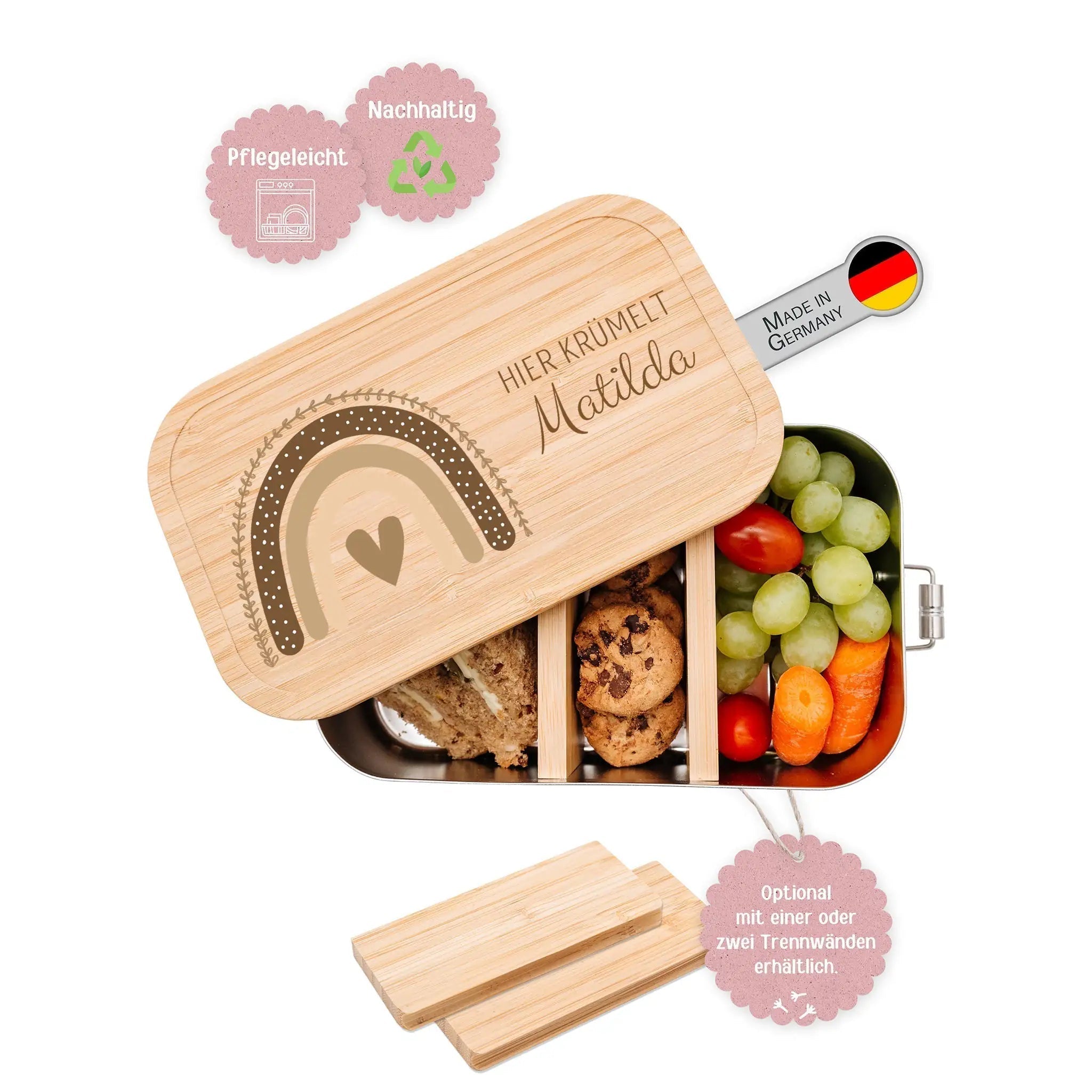 Brotdose Edelstahl personalisiert - Regenbogen Boho beige Aquarell - wunderwunsch