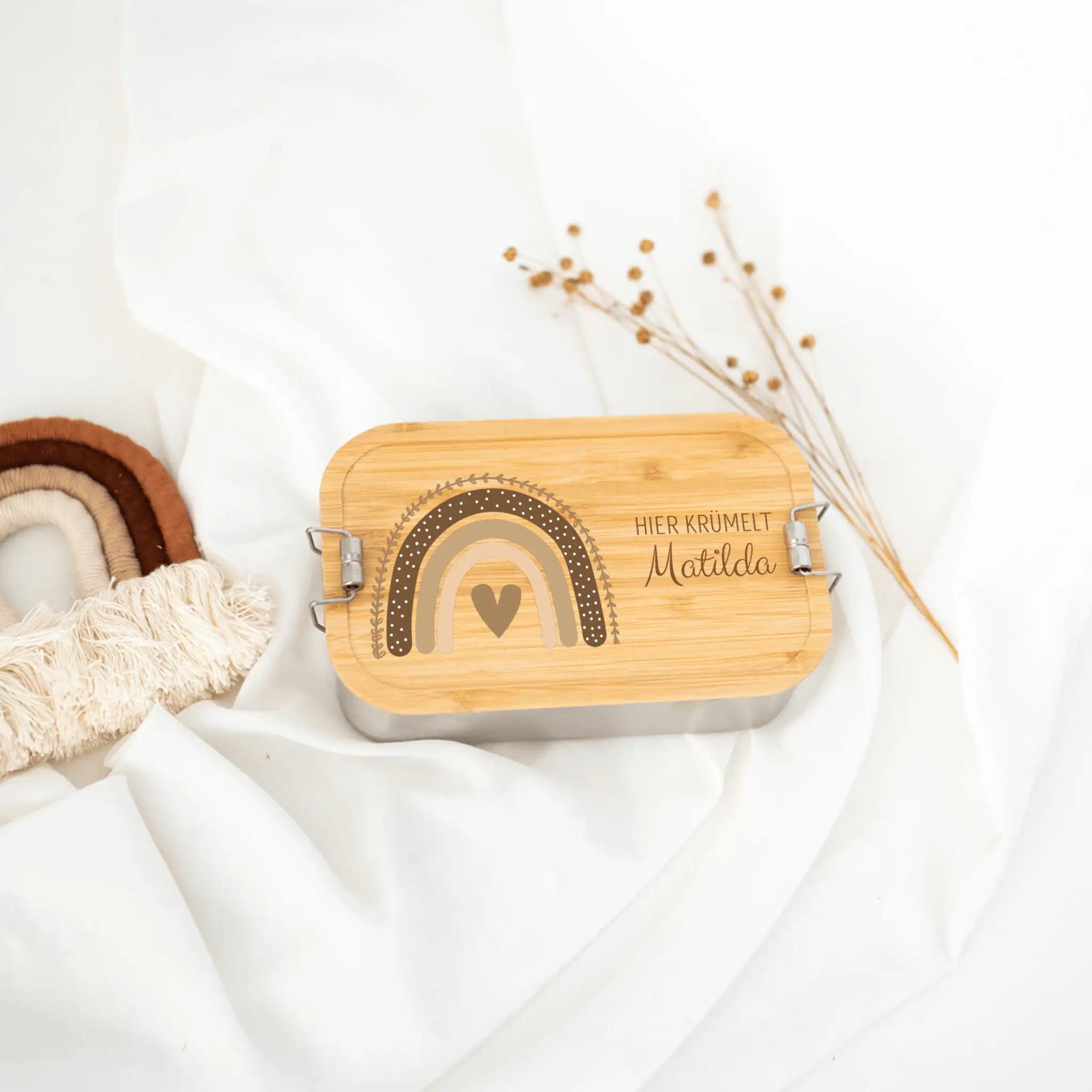Brotdose Edelstahl personalisiert - Regenbogen Boho beige Aquarell - wunderwunsch