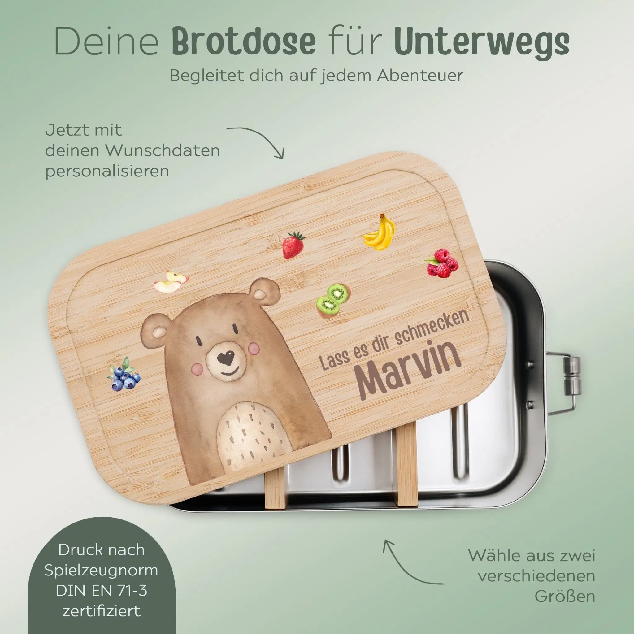 Brotdose Edelstahl personalisiert - Tier mit Obst Aquarell - wunderwunsch