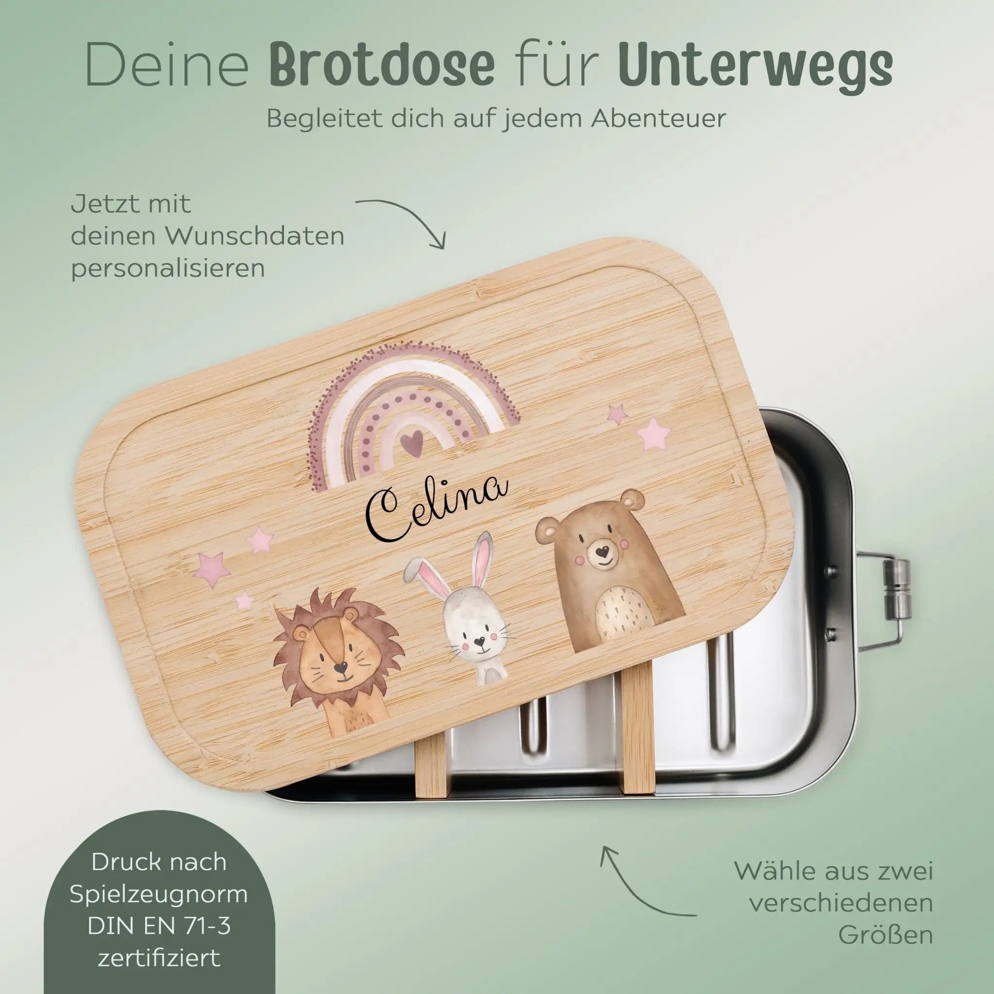 Brotdose Edelstahl personalisiert - Tiere unten Regenbogen Sterne Aquarell - wunderwunsch