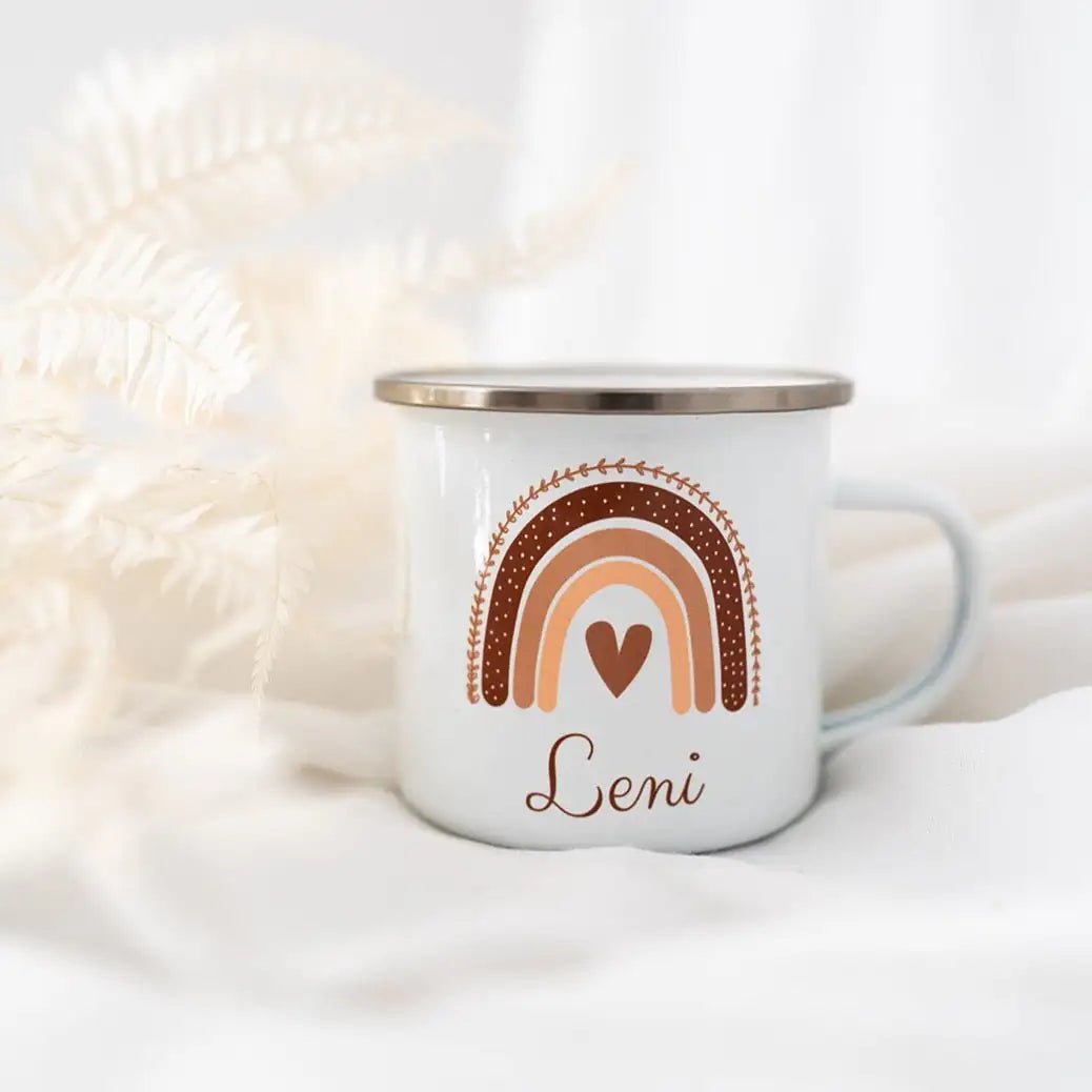 Emaille Kindertasse personalisiert - Regenbogen Boho beige Aquarell - wunderwunsch