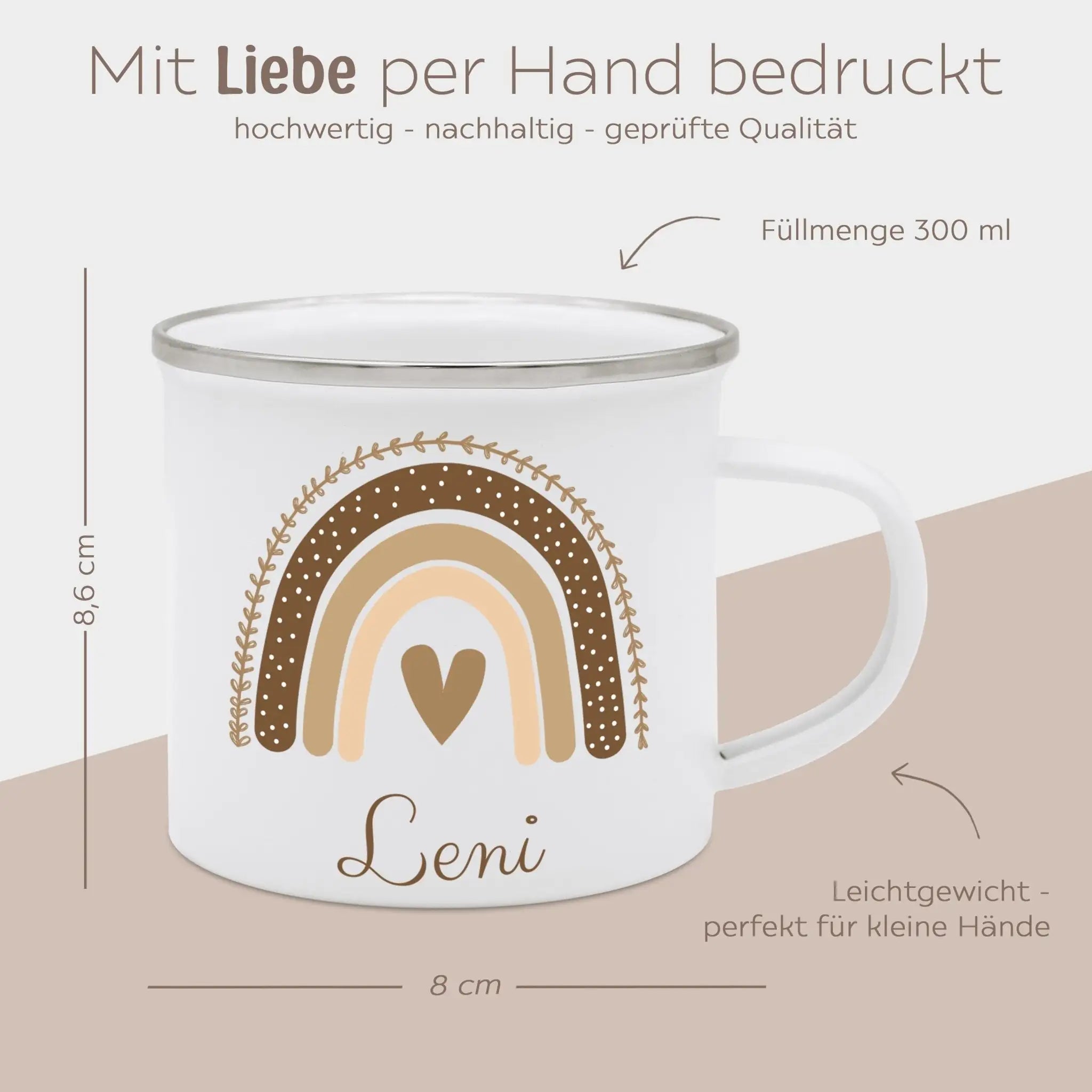 Emaille Kindertasse personalisiert - Regenbogen Boho beige Aquarell - wunderwunsch