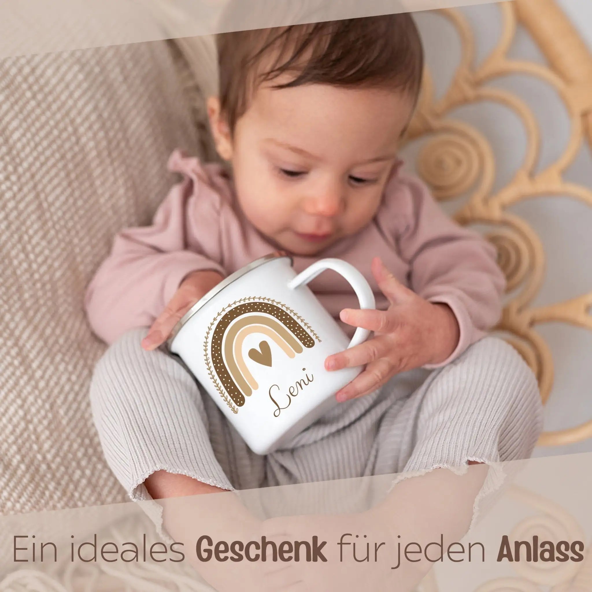 Emaille Kindertasse personalisiert - Regenbogen Boho beige Aquarell - wunderwunsch