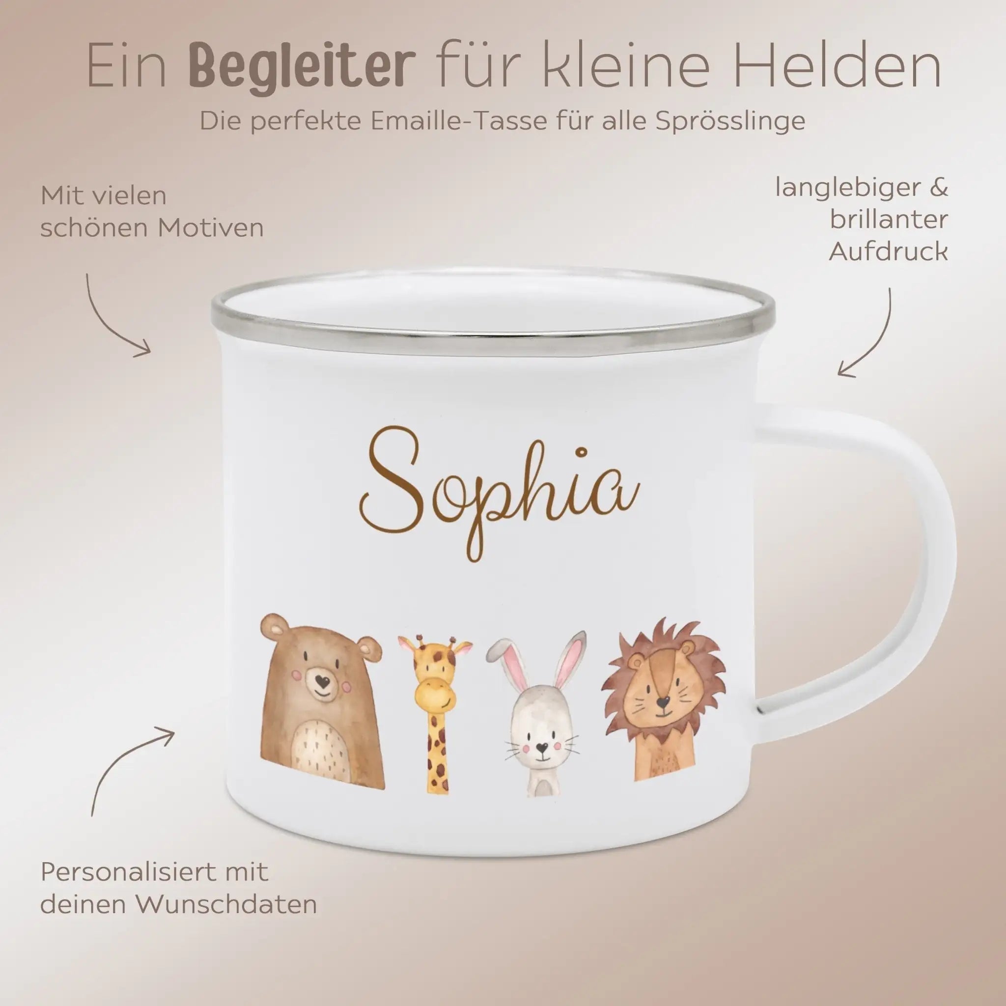 Emaille Kindertasse personalisiert - Tiere oder Dinos unten Aquarell - wunderwunsch