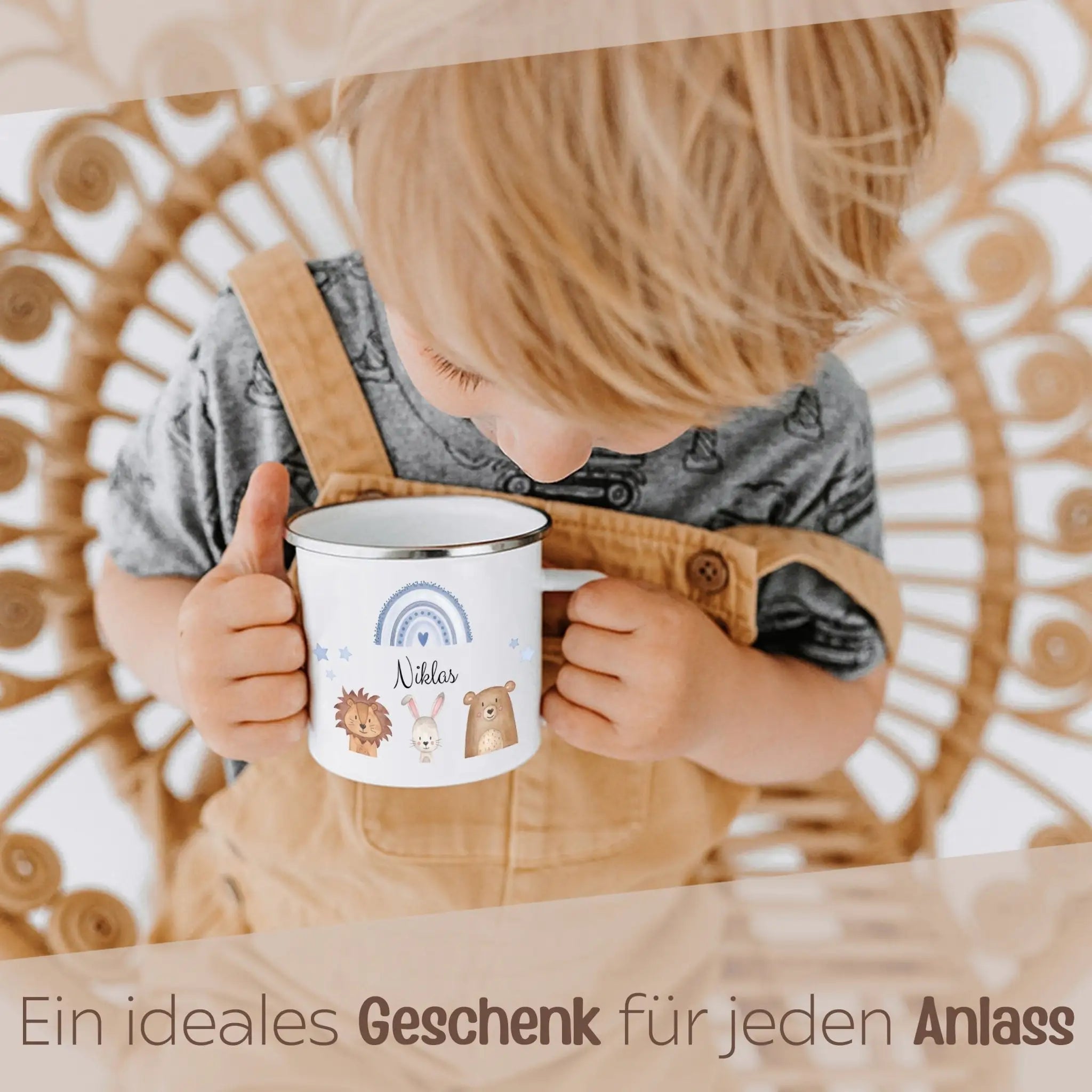Emaille Kindertasse personalisiert - Tiere Trio Regenbogen Sterne - wunderwunsch