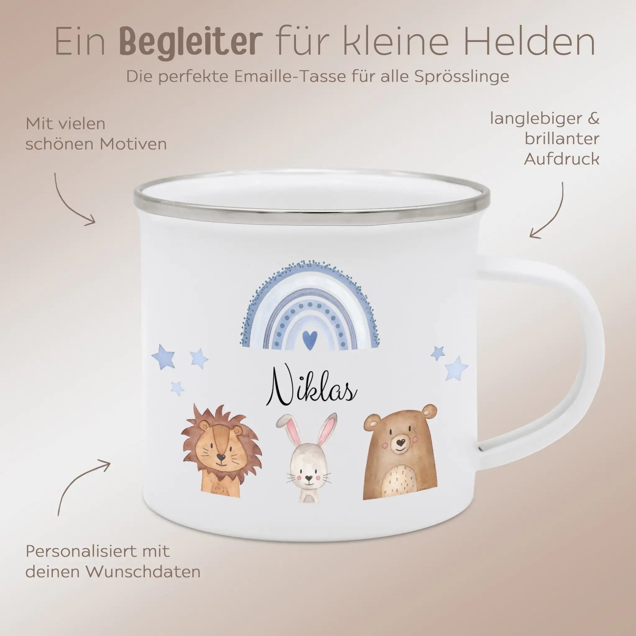 Emaille Kindertasse personalisiert - Tiere Trio Regenbogen Sterne - wunderwunsch