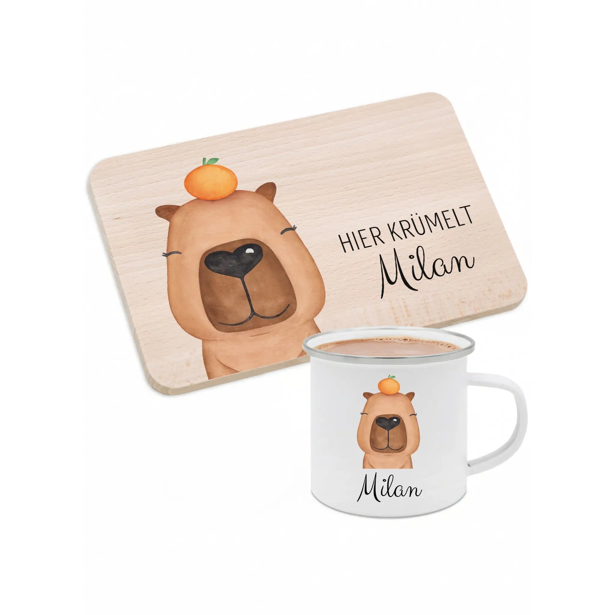 Frühstücks Bundle - Frühstücksbrettchen + Emaille Tasse personalisiert - Tier Aquarell - wunderwunsch