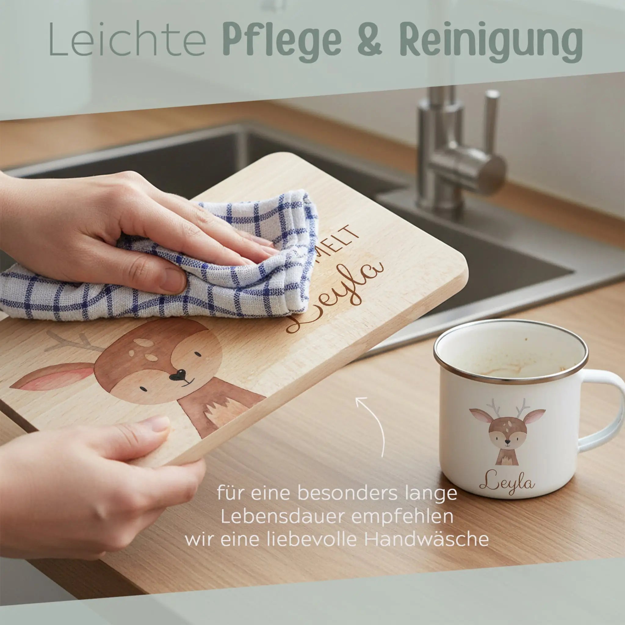 Frühstücks Bundle - Frühstücksbrettchen + Emaille Tasse personalisiert - Tier Aquarell - wunderwunsch