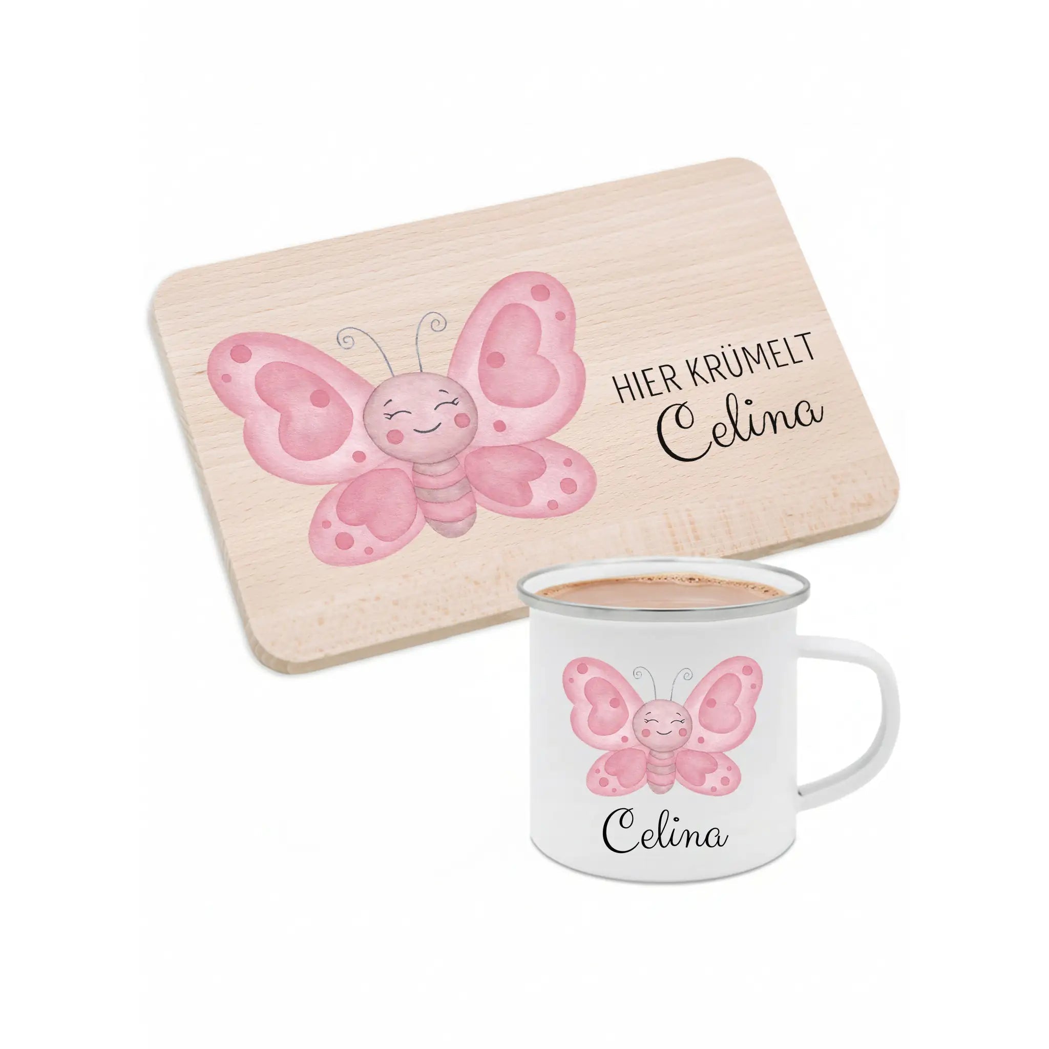 Frühstücks Bundle - Frühstücksbrettchen + Emaille Tasse personalisiert - Tier Aquarell - wunderwunsch