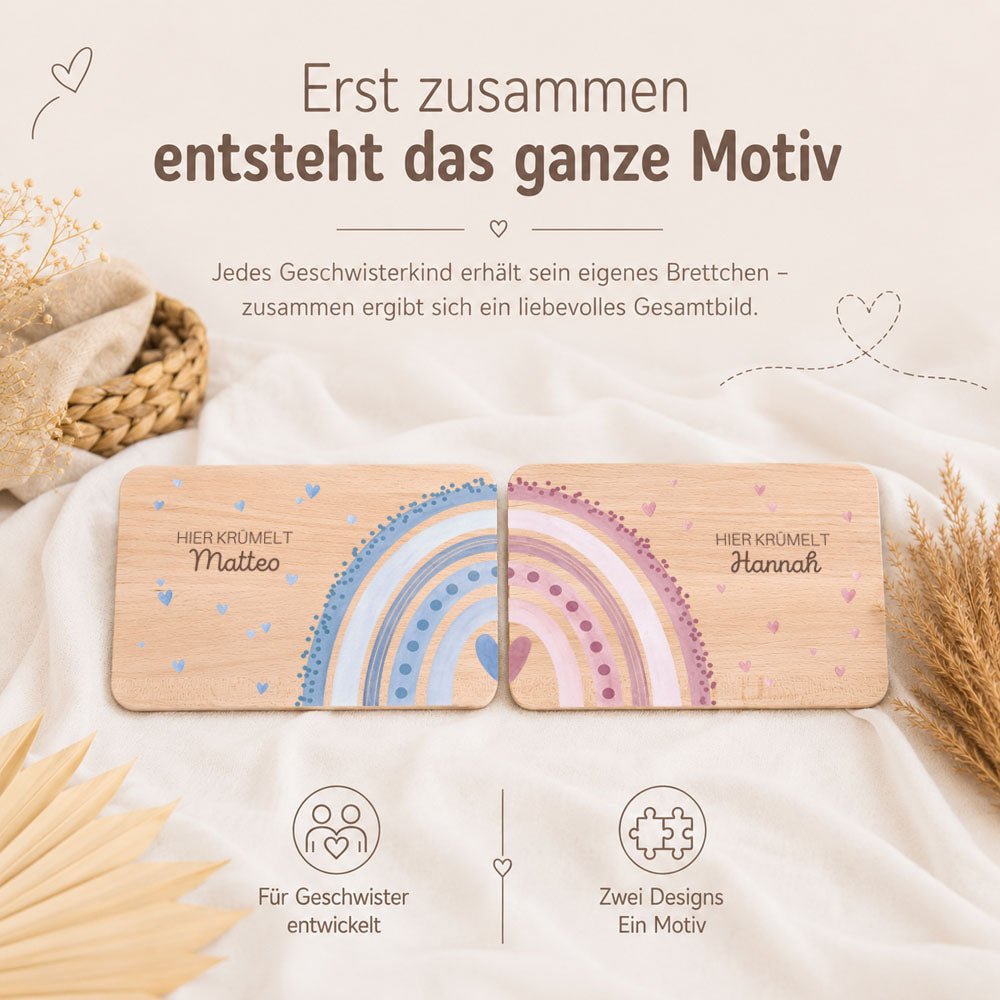 Frühstücksbrettchen Geschwister personalisiert - Regenbogen - wunderwunsch