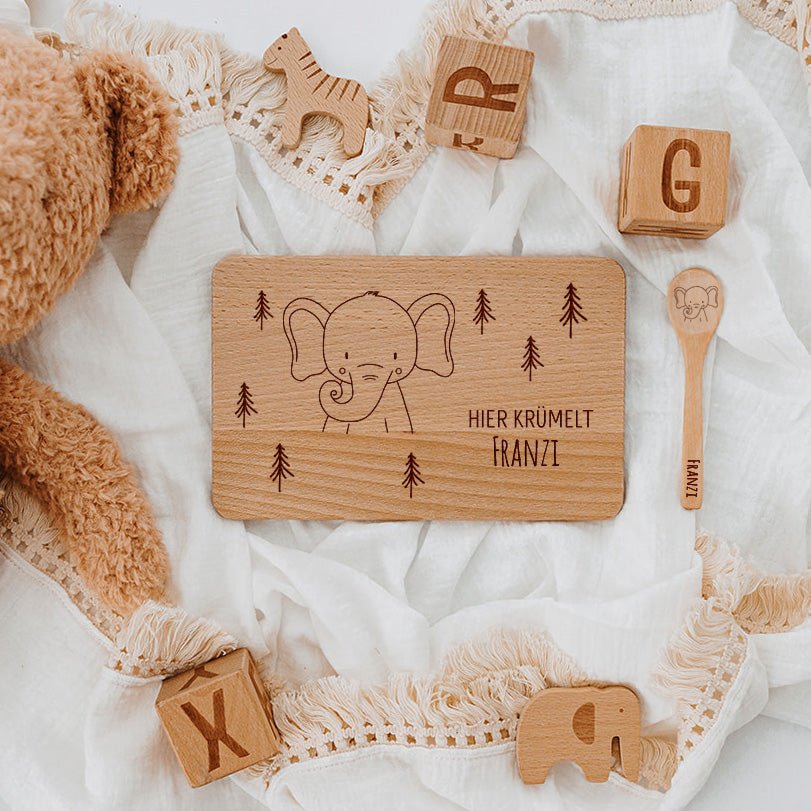 Frühstücksbrettchen mit Kinderlöffel personalisiert - Tier Wald Gravur - wunderwunsch