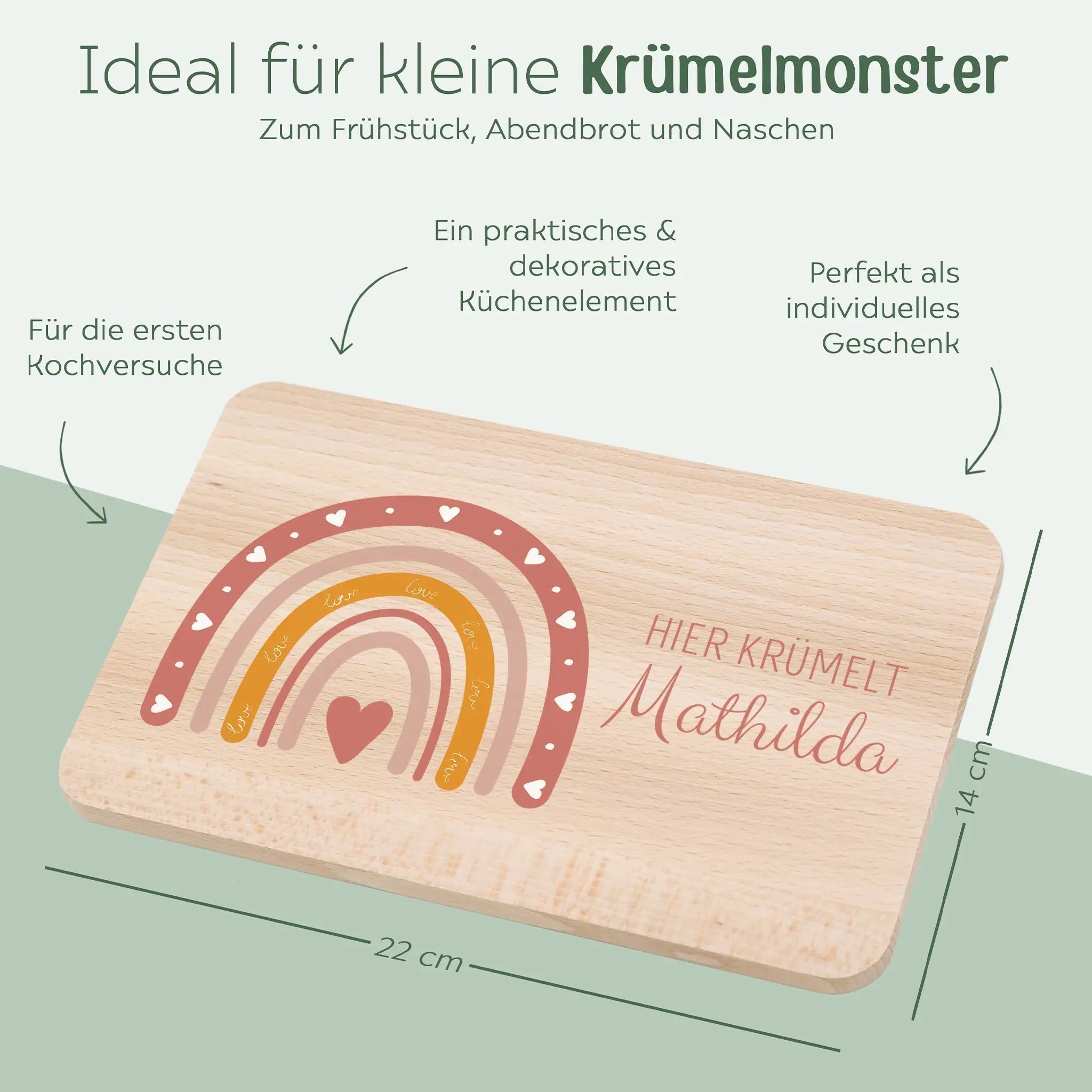 Frühstücksbrettchen personalisiert - Regenbogen Boho rosa Aquarell - wunderwunsch
