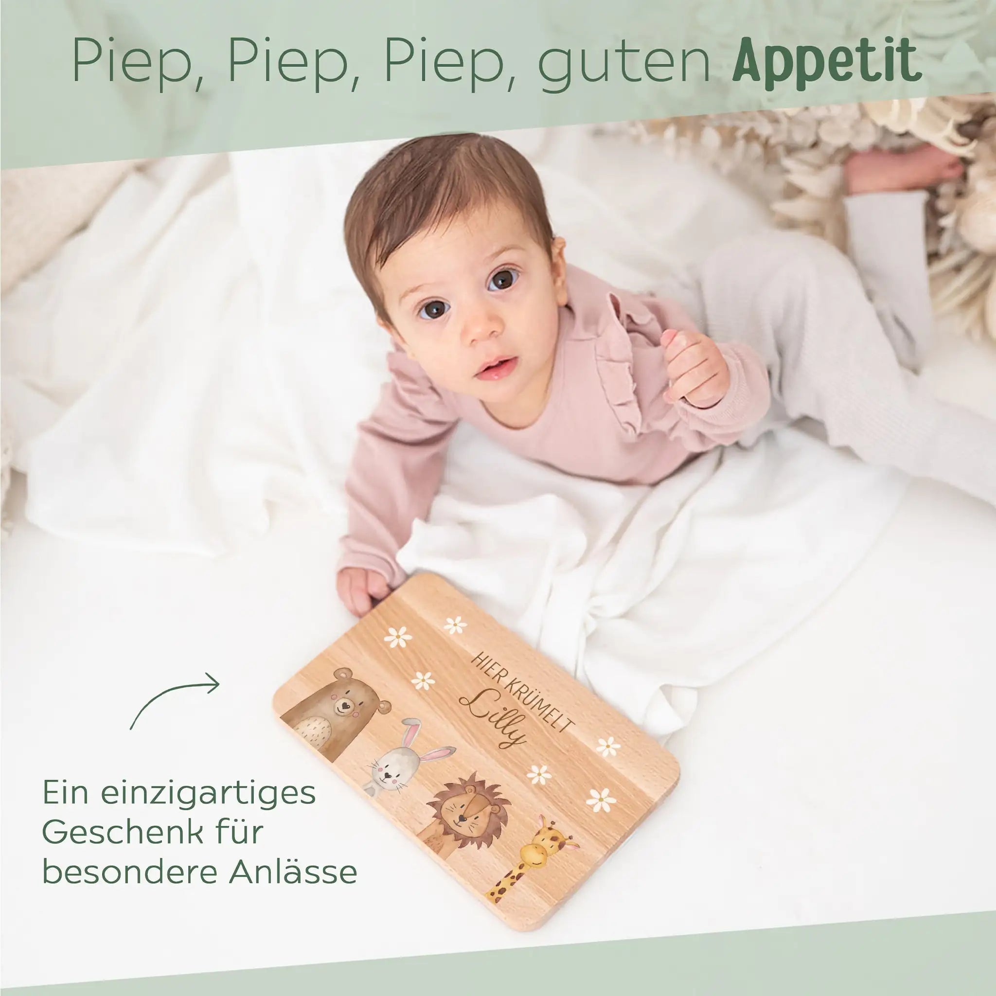 Frühstücksbrettchen personalisiert - Tiere unten Blümchen Aquarell - wunderwunsch