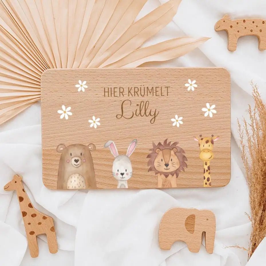 Frühstücksbrettchen personalisiert - Tiere unten Blümchen Aquarell - wunderwunsch