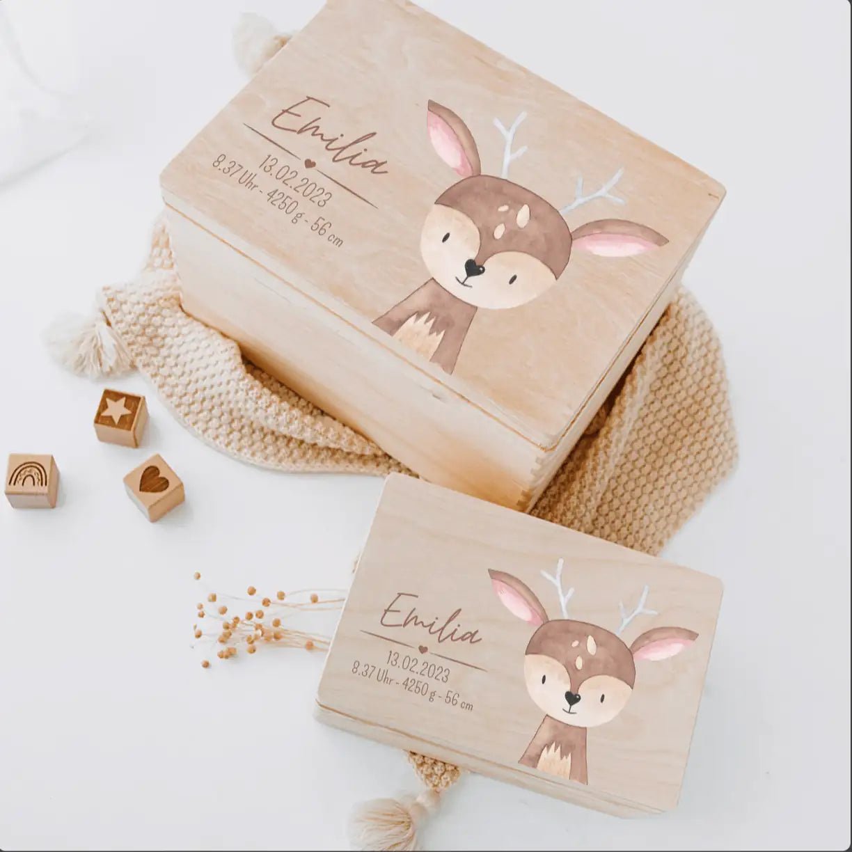 Geburts - Bundle - Erinnerungsbox Holz + LED Nachtlicht + Greifling personalisiert - Tier Aquarell - wunderwunsch