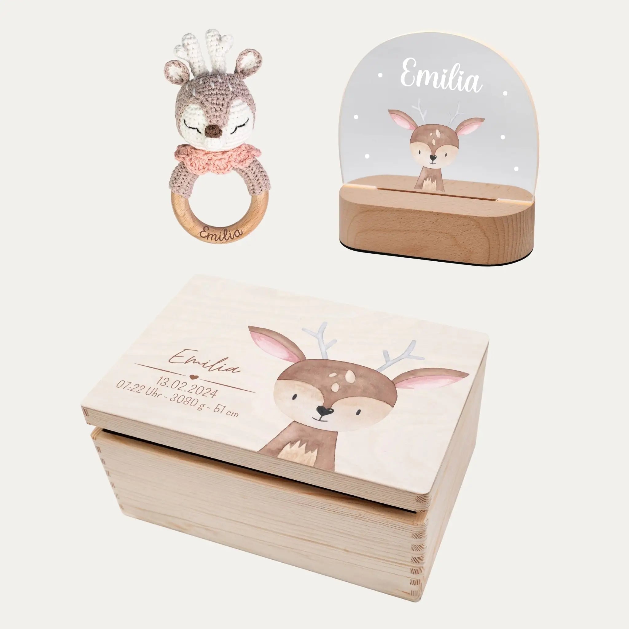Geburts - Bundle - Erinnerungsbox Holz + LED Nachtlicht + Greifling personalisiert - Tier Aquarell - wunderwunsch