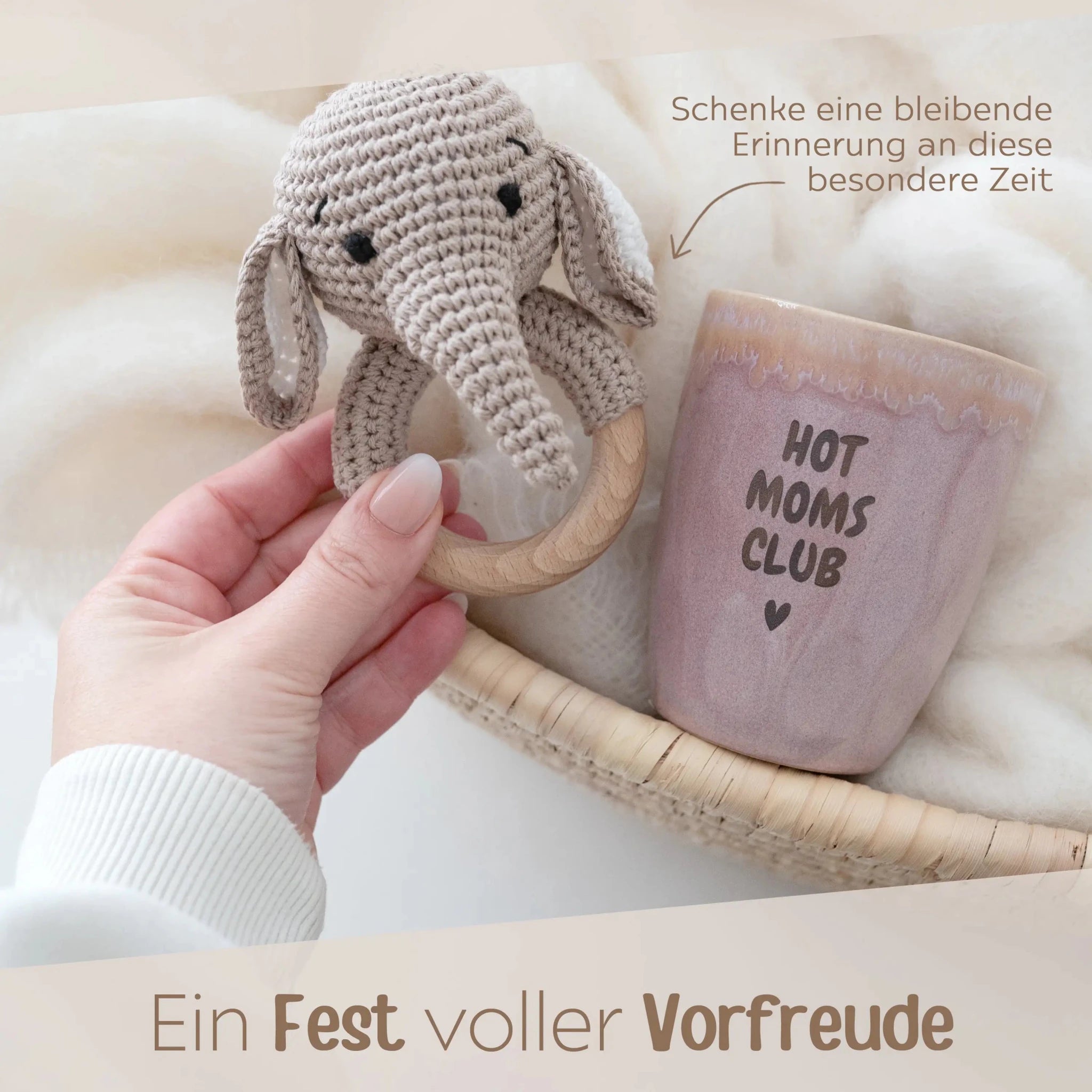 Geschenkbox Babyshower - Elefant Greifling + Hot Moms Club Becher - wunderwunsch